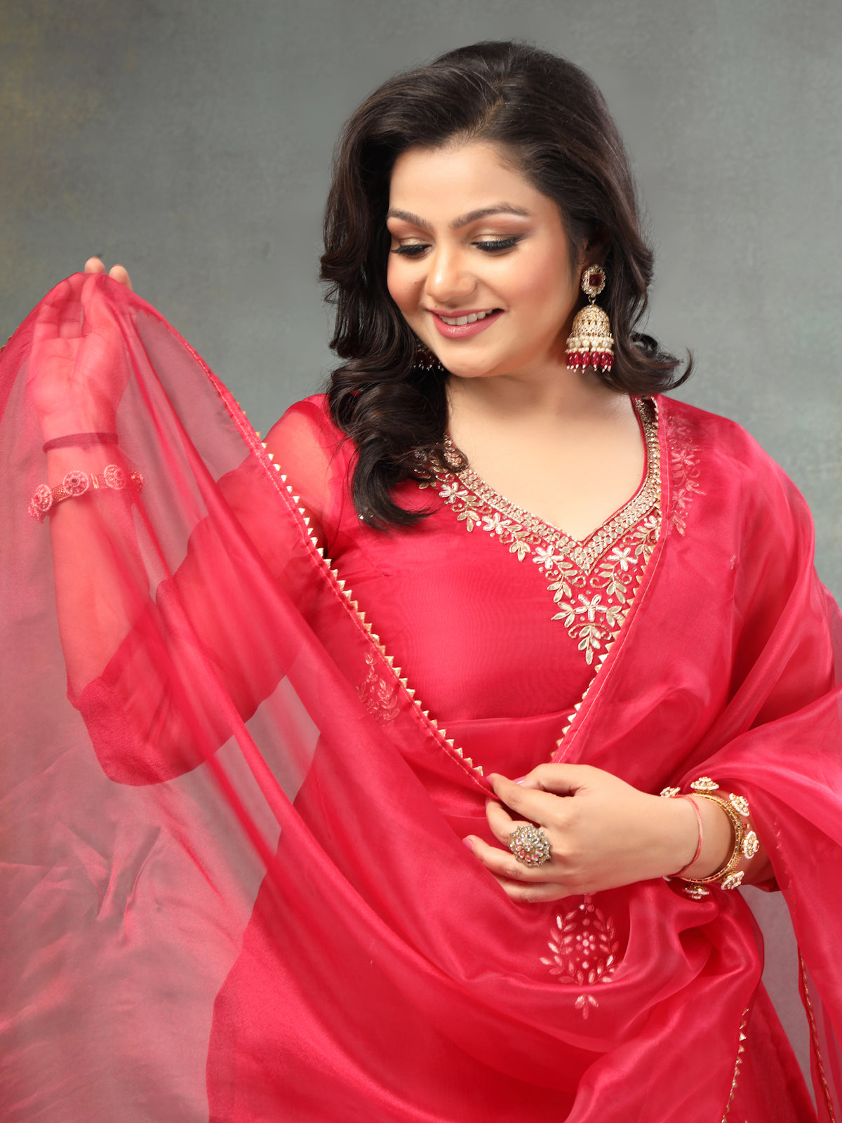 Rich Ruby Red Unstitched Organza Tissue Suit Set with Mirror & Pearl Work