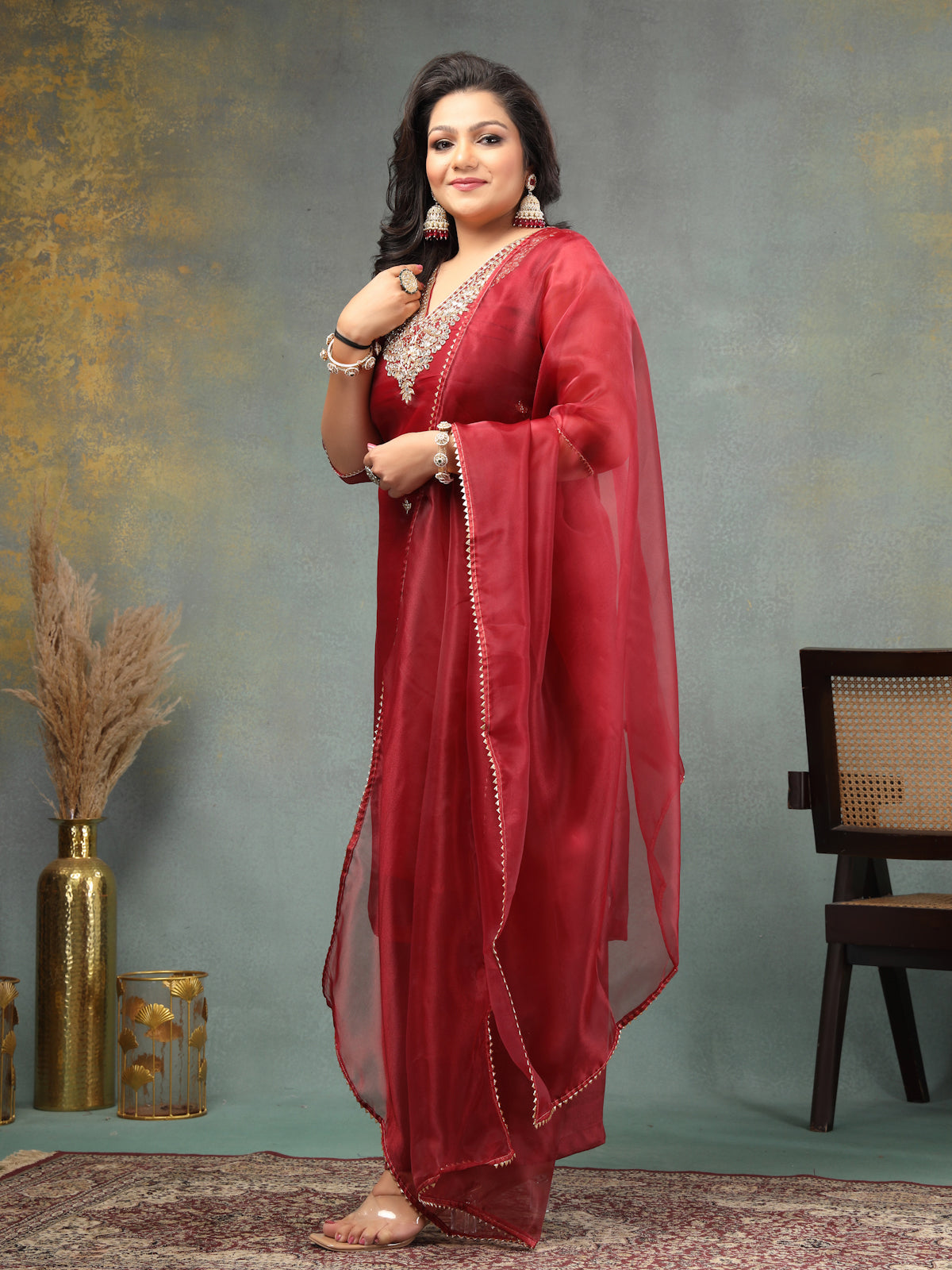 Deep Maroon Unstitched Organza Tissue Suit Set with Mirror and Gota Patti work