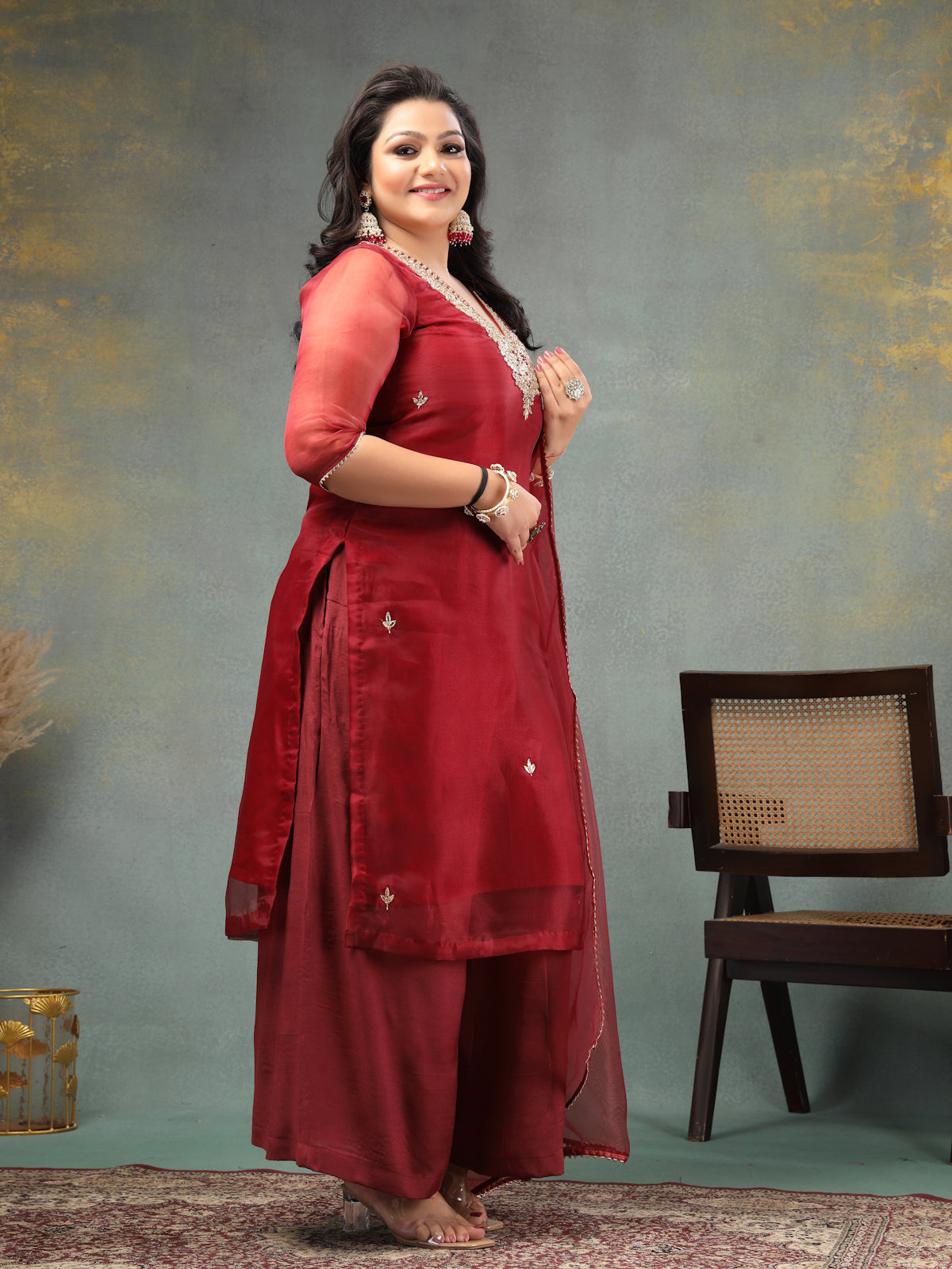 Deep Maroon Unstitched Organza Tissue Suit Set with Mirror and Gota Patti work