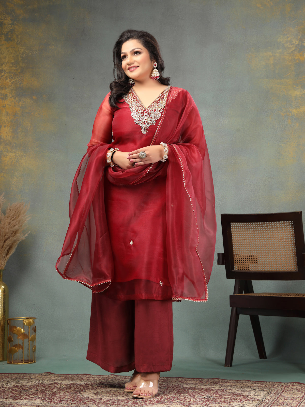 Deep Maroon Unstitched Organza Tissue Suit Set with Mirror and Gota Patti work