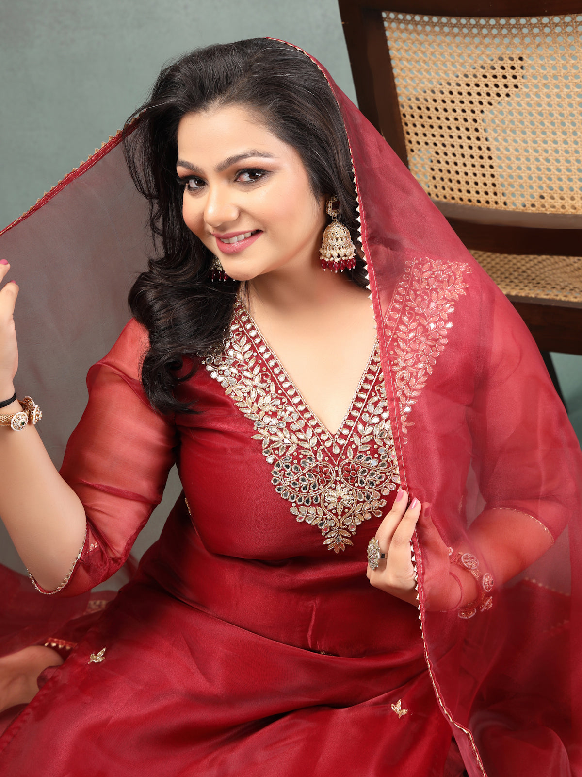 Deep Maroon Unstitched Organza Tissue Suit Set with Mirror and Gota Patti work