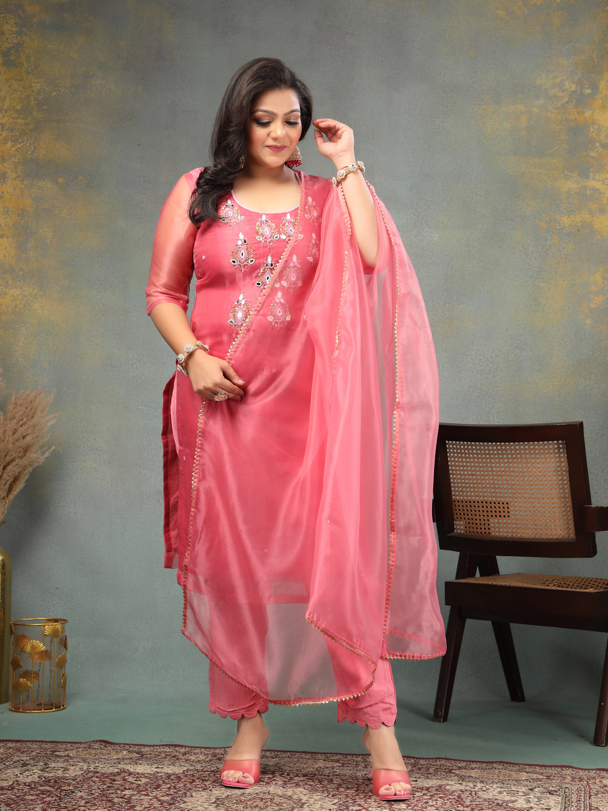 Rouge Pink Royal Radiance Unstitched Suit Set in Organza Tissue Silk