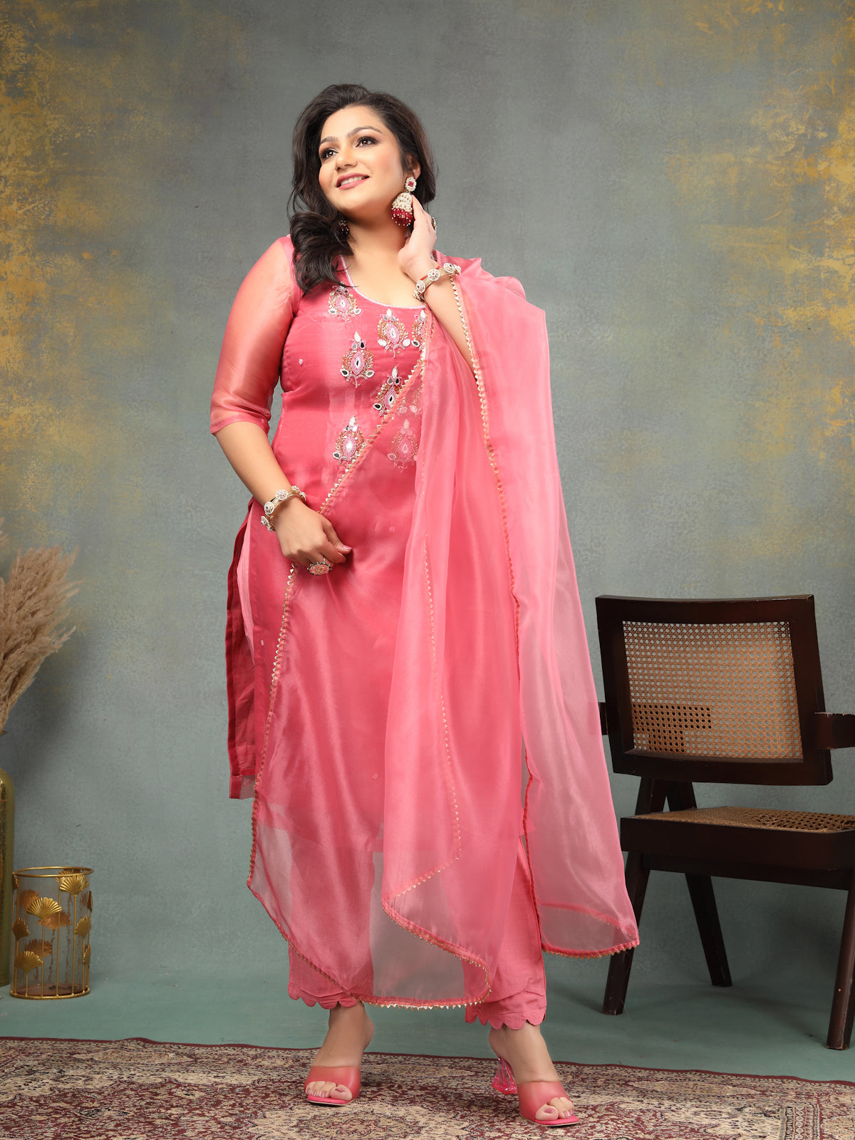 Rouge Pink Royal Radiance Unstitched Suit Set in Organza Tissue Silk