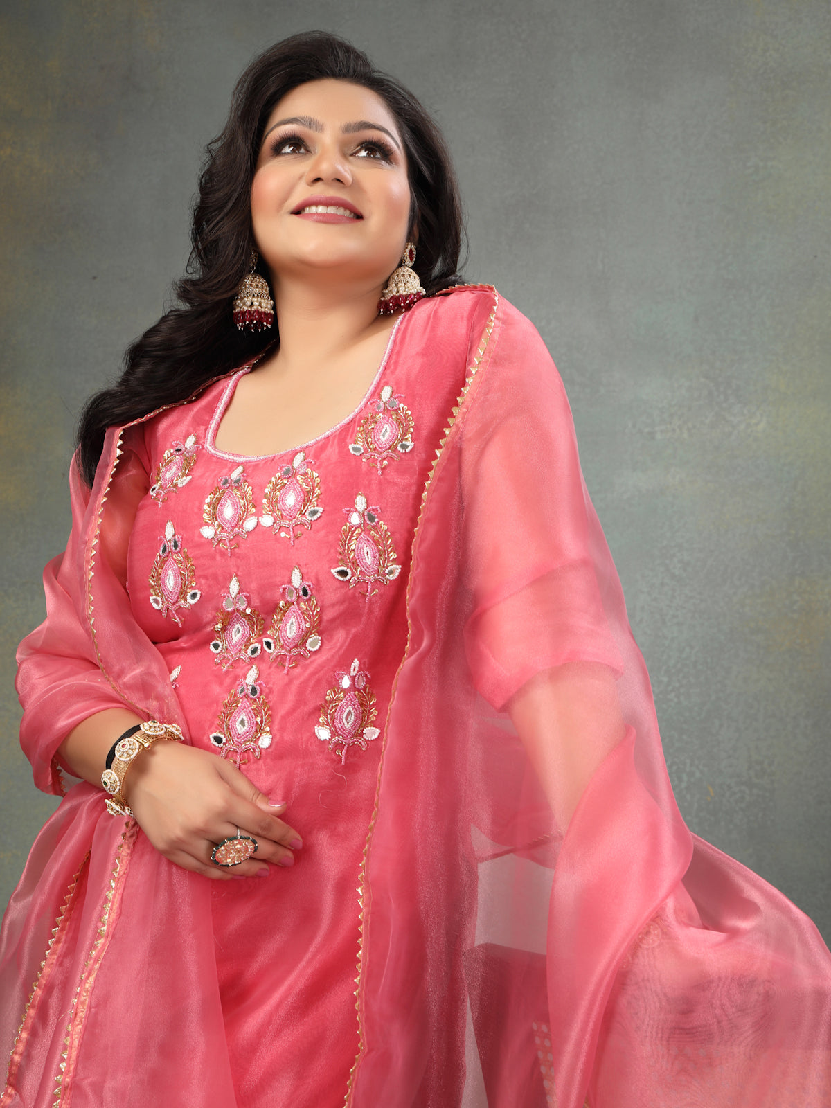 Rouge Pink Royal Radiance Unstitched Suit Set in Organza Tissue Silk