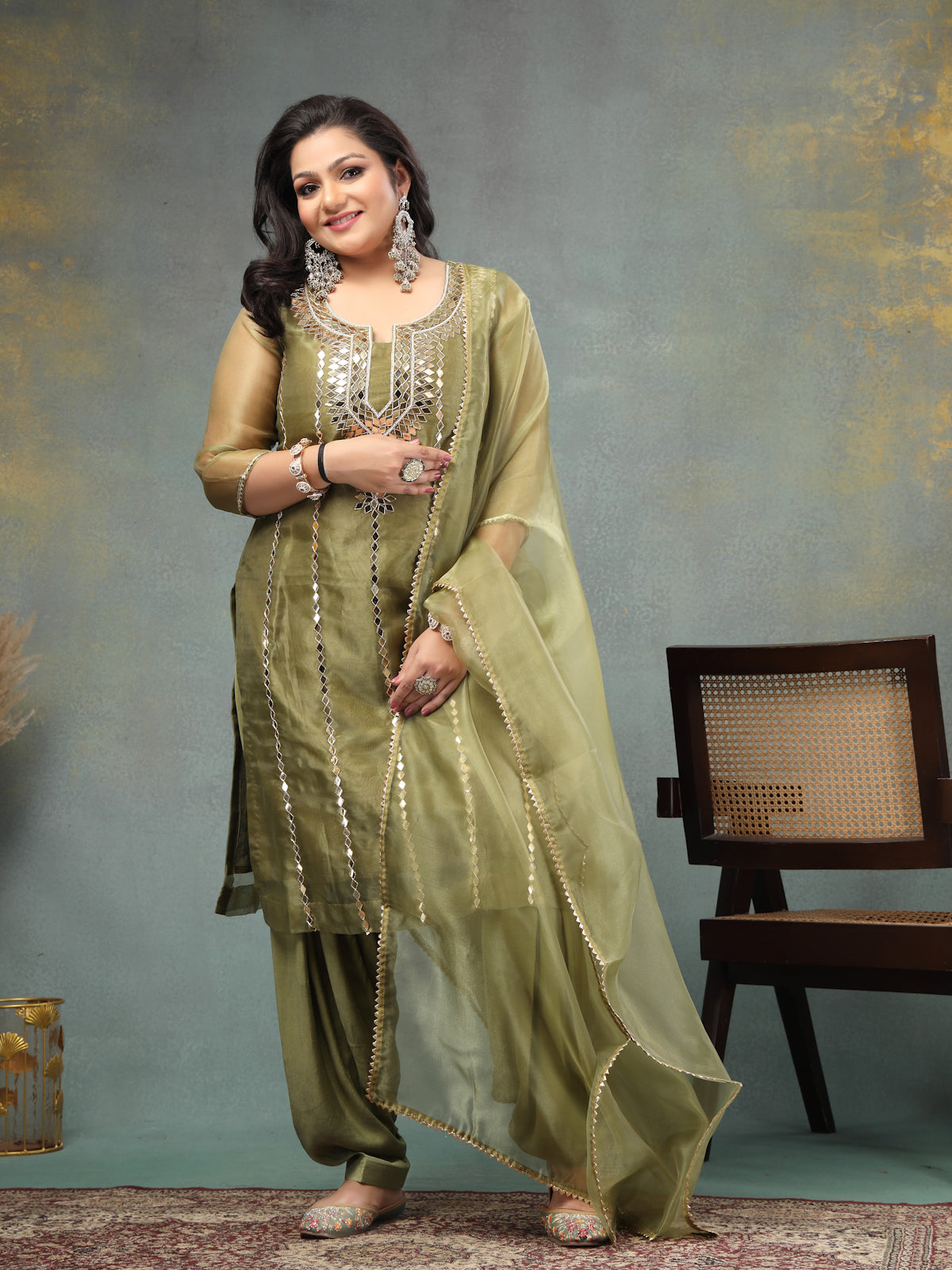 Moss Green Mirror Luxe Unstitched Wedding Suit Set in Premium Organza Tissue