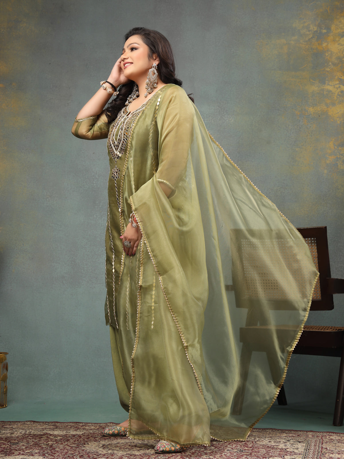 Moss Green Mirror Luxe Unstitched Wedding Suit Set in Premium Organza Tissue