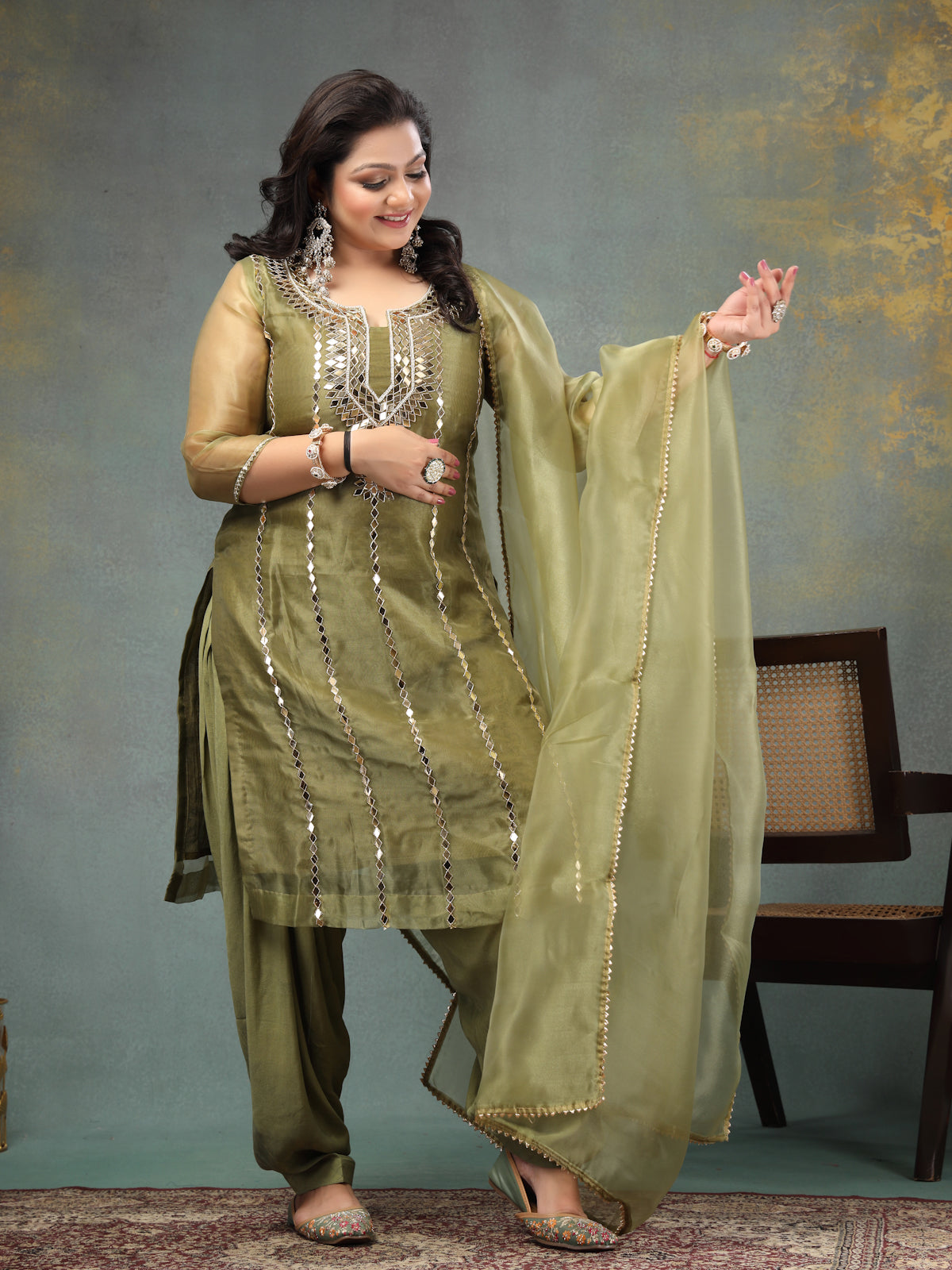 Moss Green Mirror Luxe Unstitched Wedding Suit Set in Premium Organza Tissue