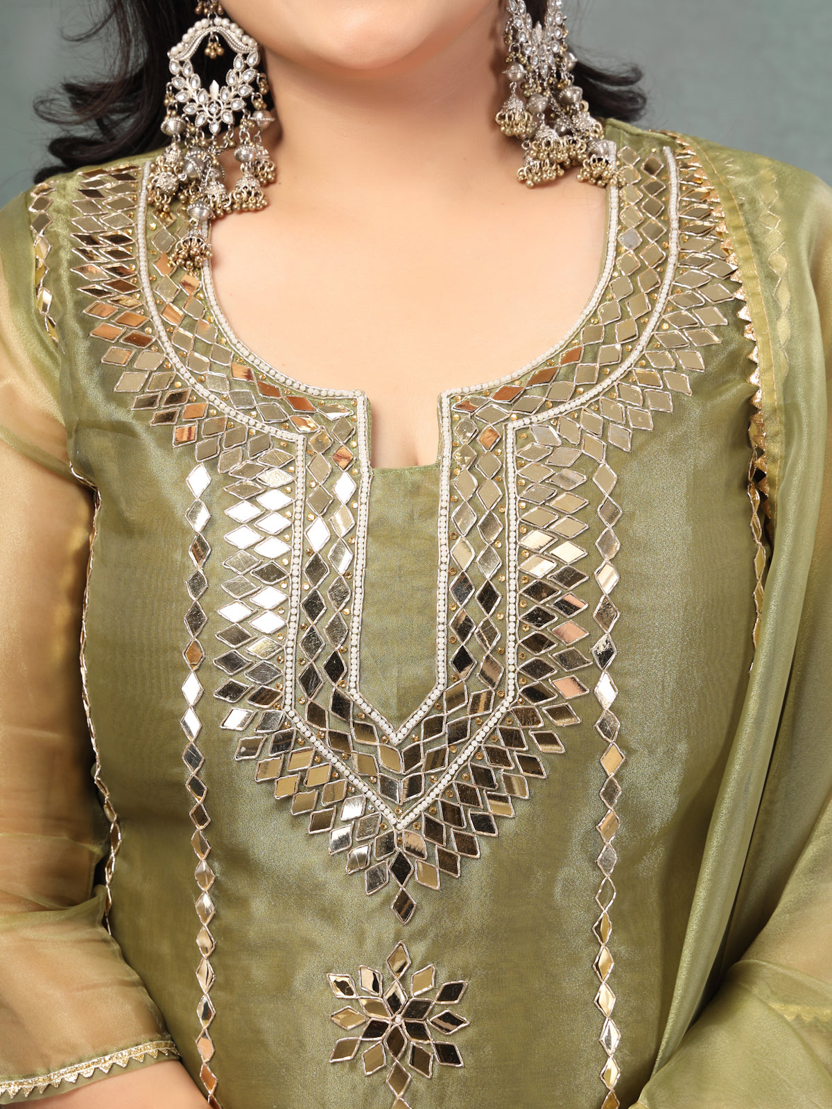 Moss Green Mirror Luxe Unstitched Wedding Suit Set in Premium Organza Tissue