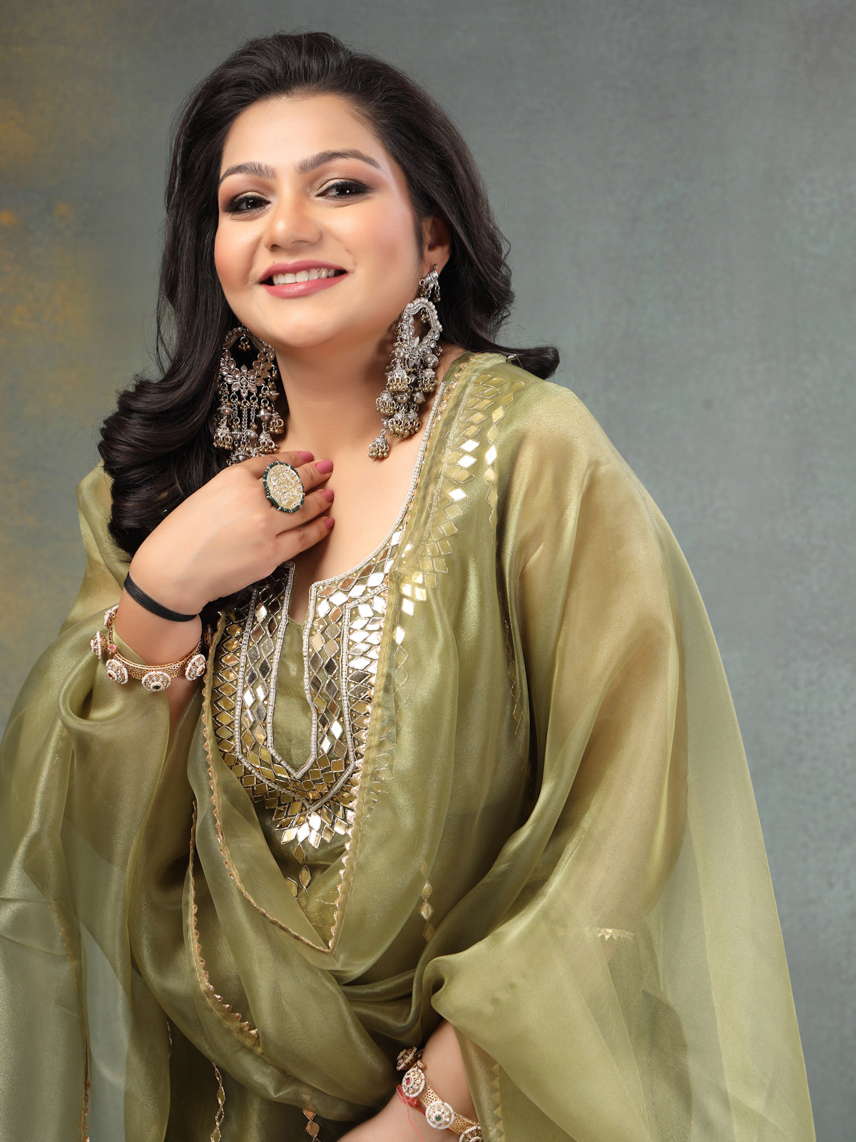 Moss Green Mirror Luxe Unstitched Wedding Suit Set in Premium Organza Tissue