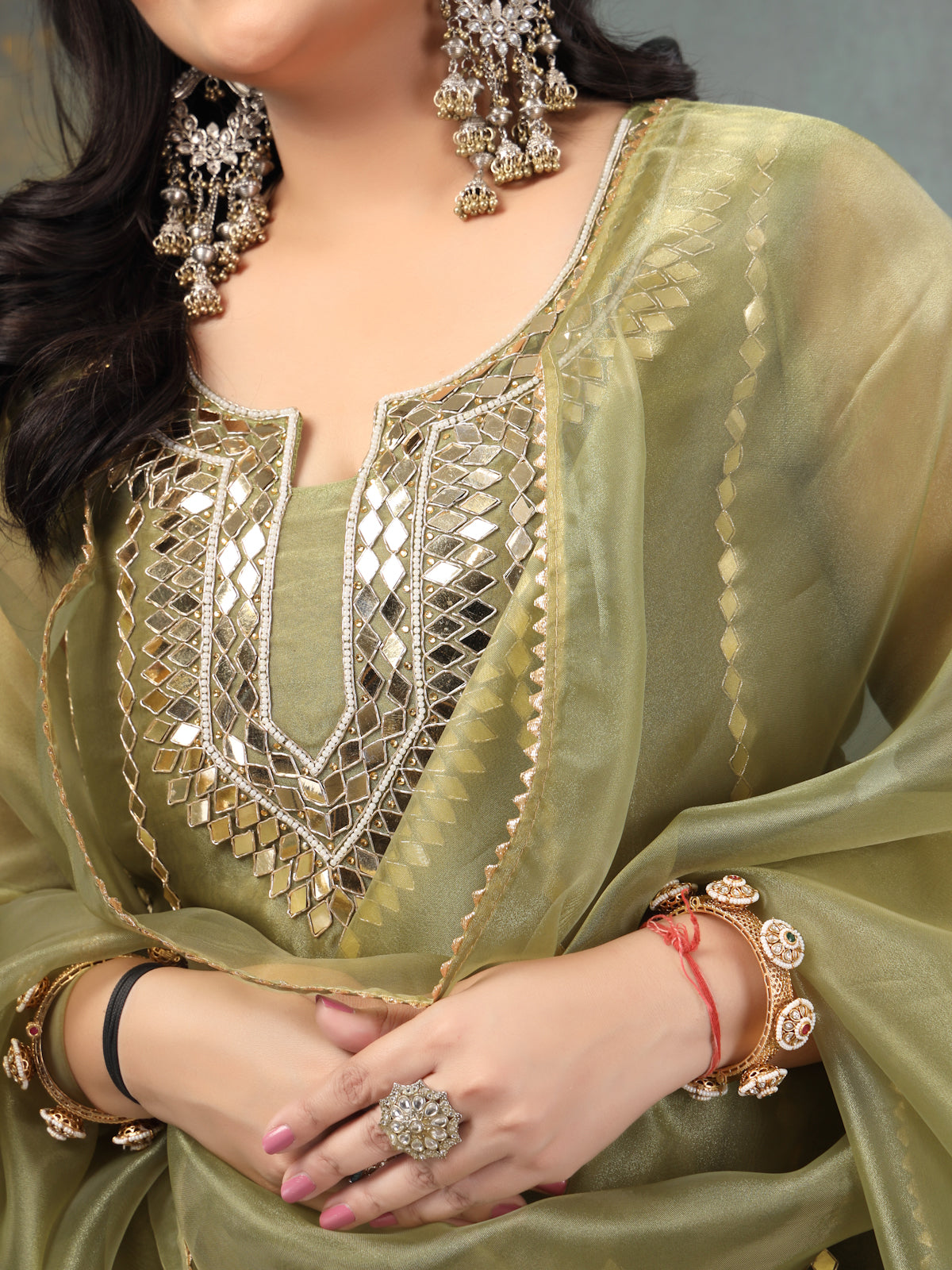 Moss Green Mirror Luxe Unstitched Wedding Suit Set in Premium Organza Tissue