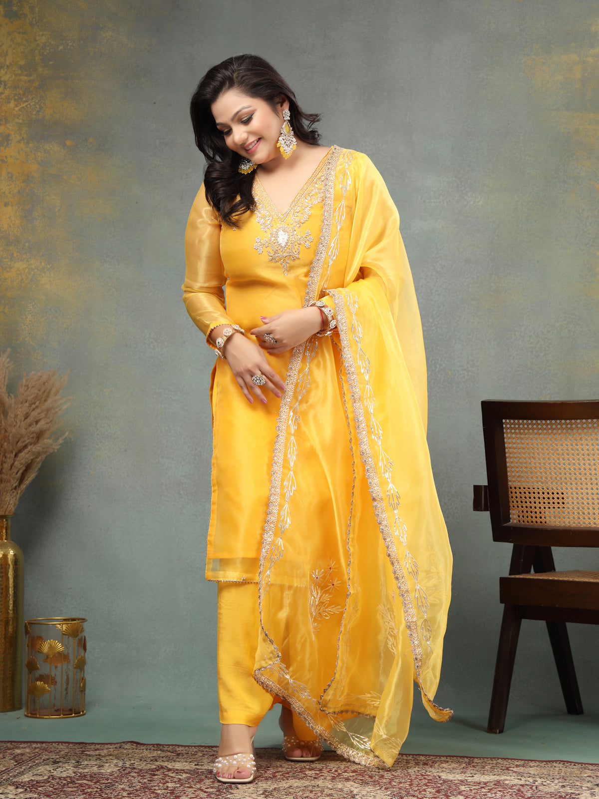 Sunny Mustard Yellow Unstitched Organza Tissue Suit Set with Zardozi & Pearl Work