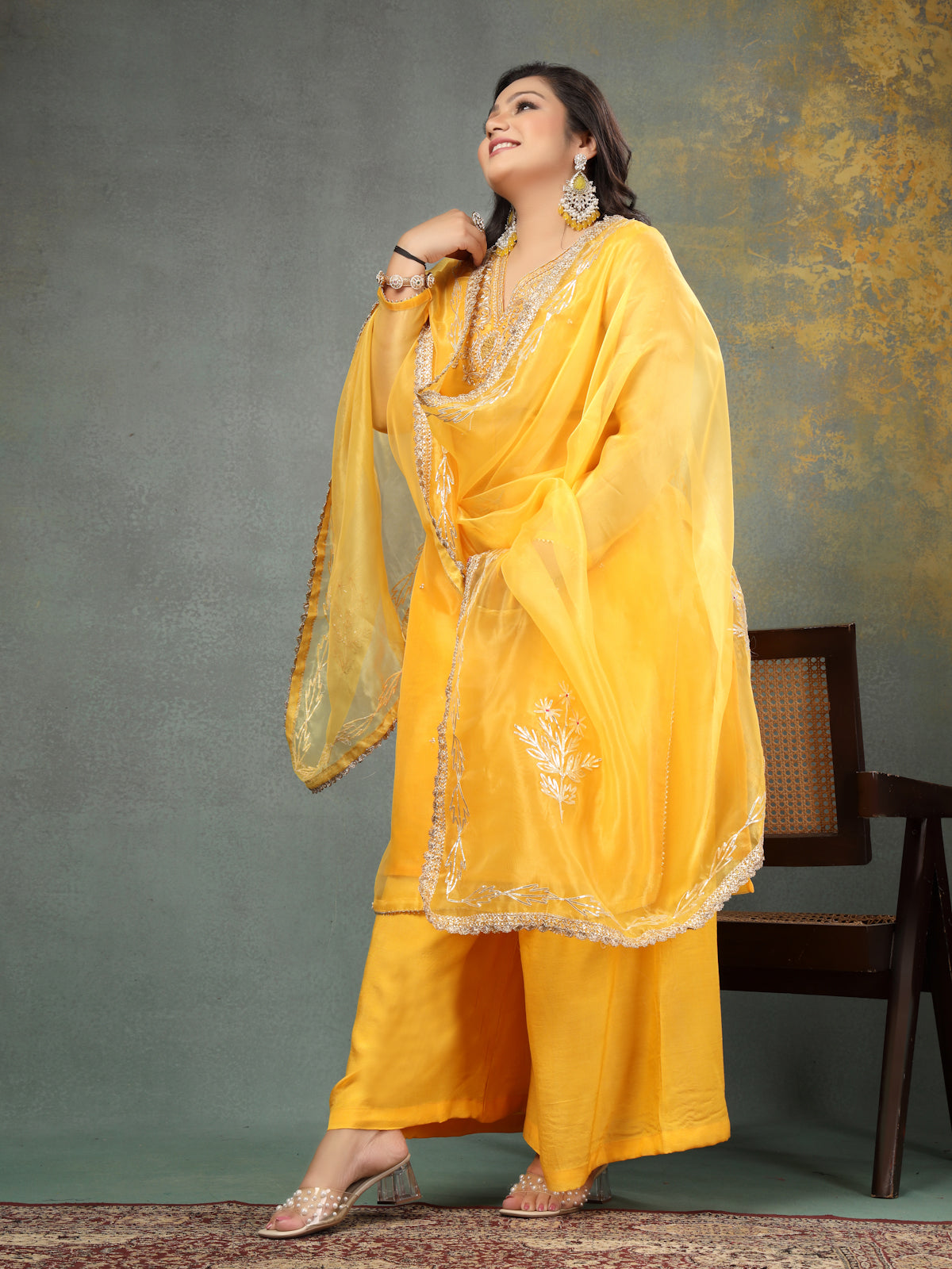 Sunny Mustard Yellow Unstitched Organza Tissue Suit Set with Zardozi & Pearl Work