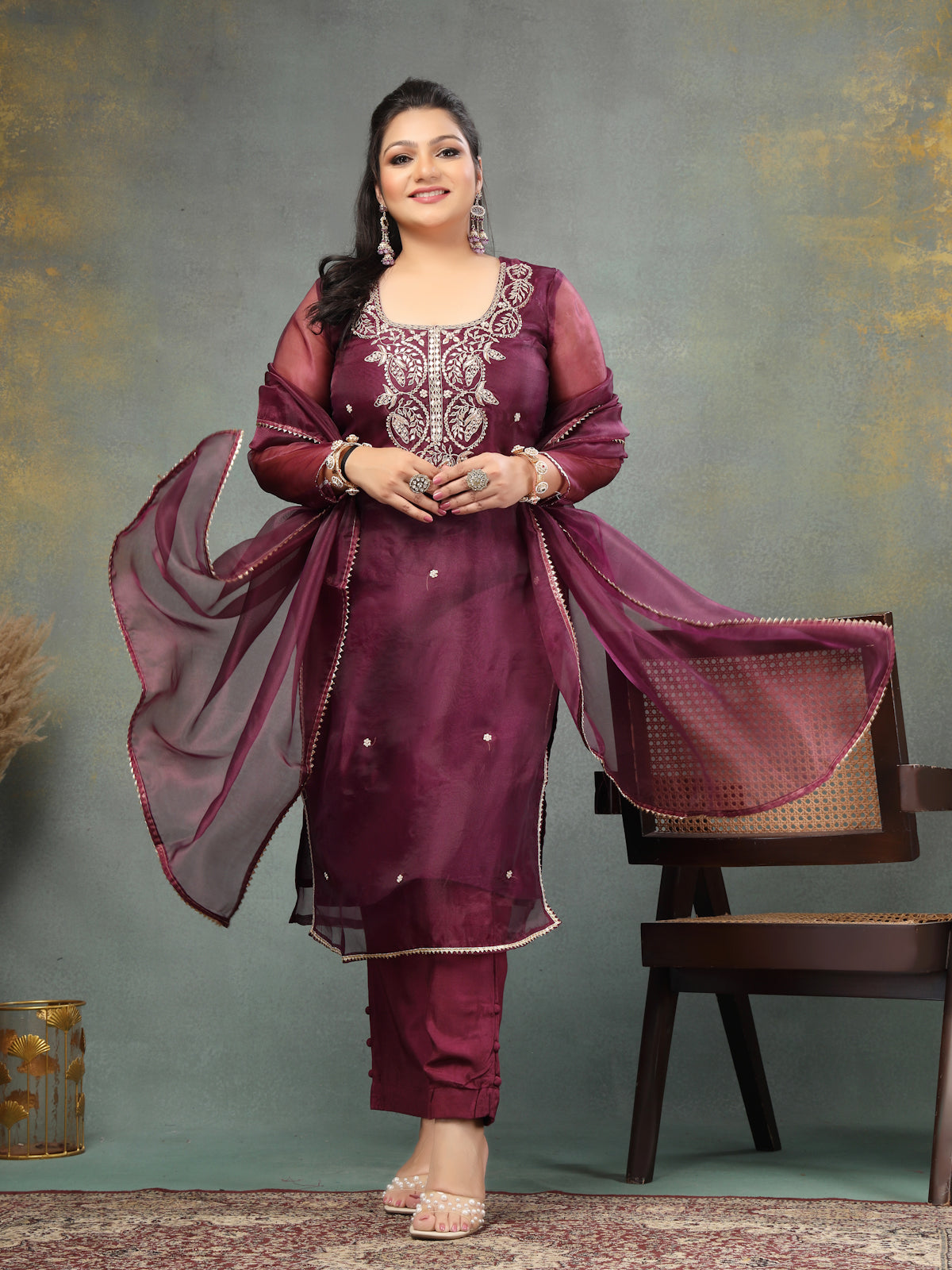 Subtle Merlot Grace Unstitched Organza Tissue Suit Set with Heritage Gota Patti, Pearl & Zardozi Handwork