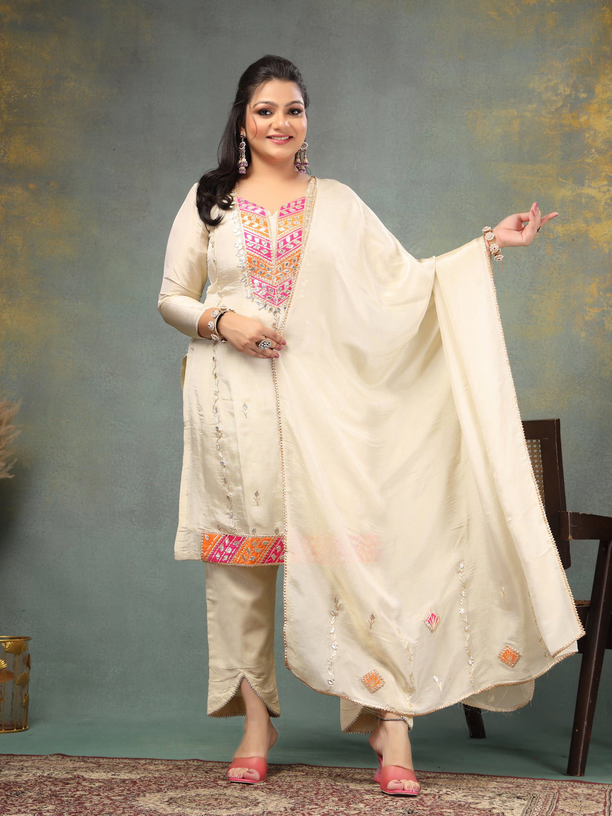Champagne Grandeur Unstitched Shimmer Suit Set with Regal Pink-Orange Gota Embellishment