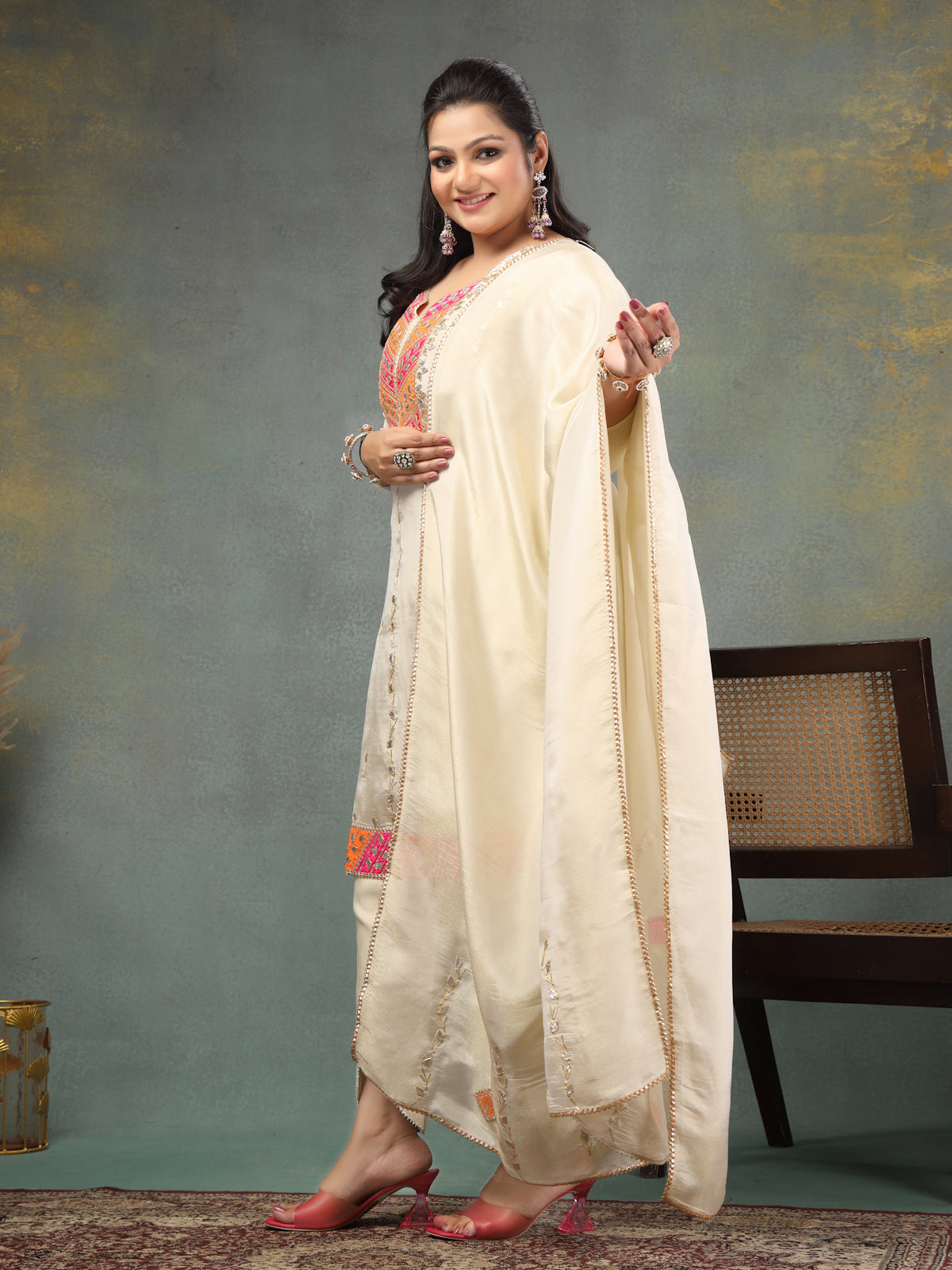 Champagne Grandeur Unstitched Shimmer Suit Set with Regal Pink-Orange Gota Embellishment