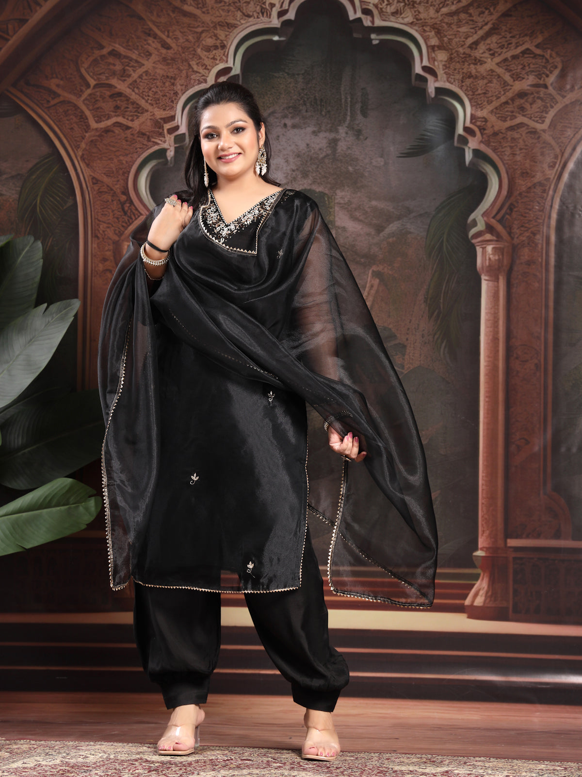 Midnight Black Unstitch Suit with V-Neck Artisanal Mirror Work and Gota Patti Lace Dupatta