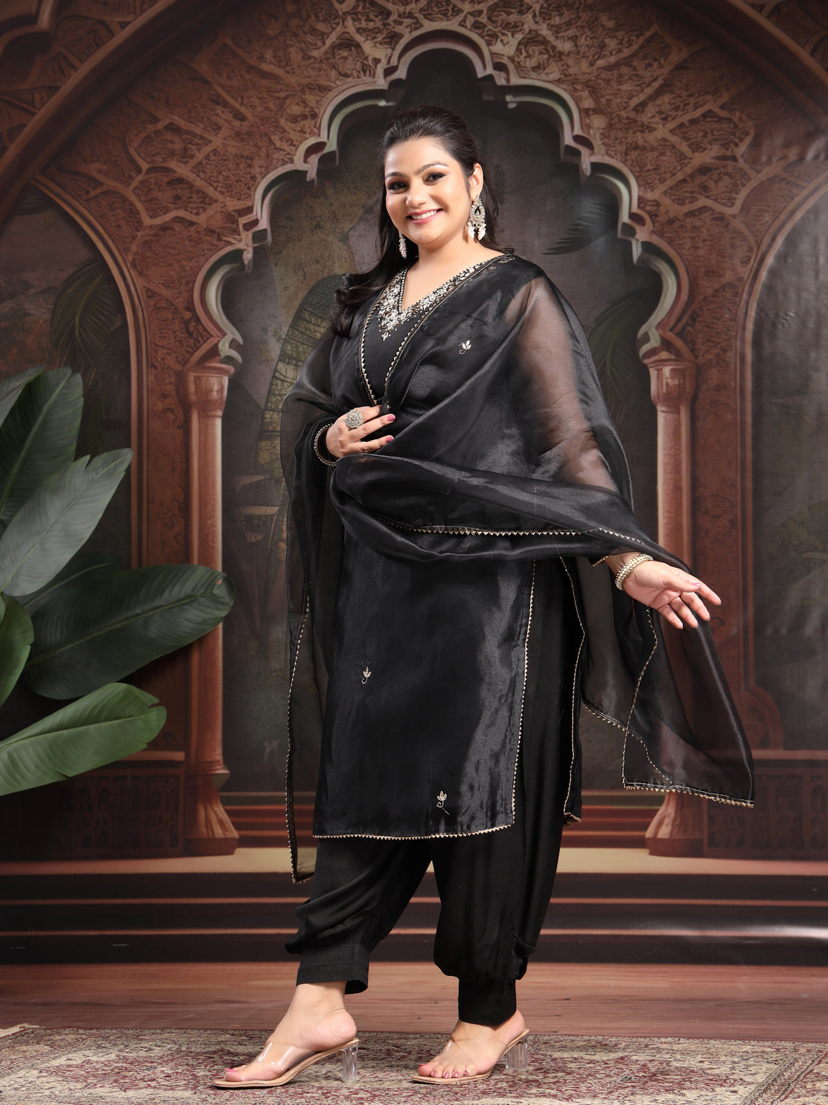 Midnight Black Unstitch Suit with V-Neck Artisanal Mirror Work and Gota Patti Lace Dupatta