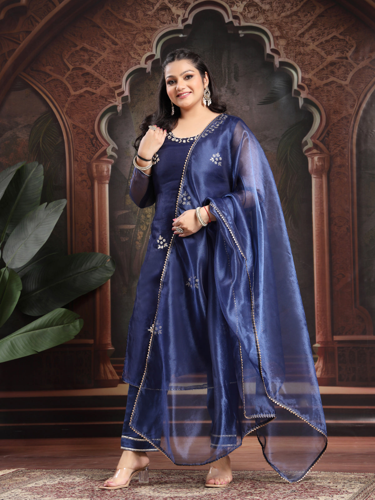 Berry Blue Bloom Unstitched Organza Tissue Suit Set with Gota Patti & Pearl Handwork
