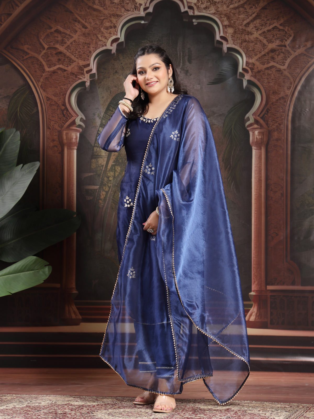 Berry Blue Bloom Unstitched Organza Tissue Suit Set with Gota Patti & Pearl Handwork