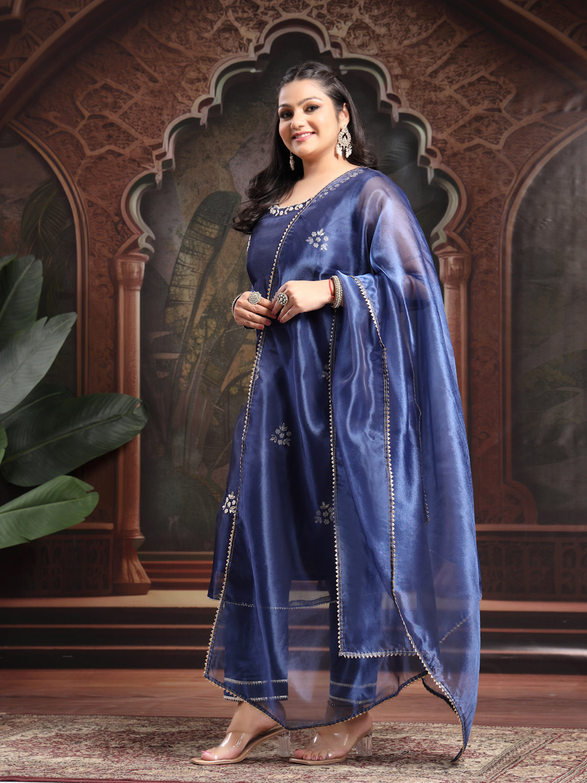 Berry Blue Bloom Unstitched Organza Tissue Suit Set with Gota Patti & Pearl Handwork