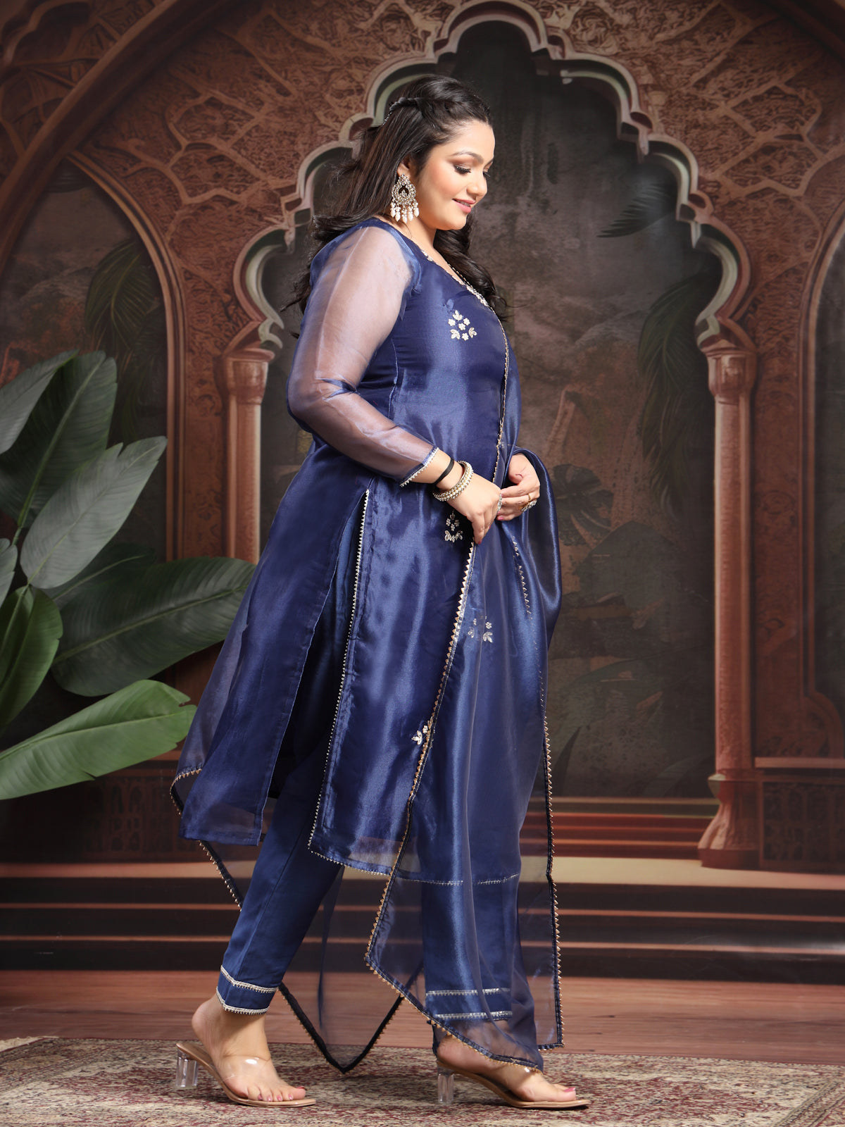 Berry Blue Bloom Unstitched Organza Tissue Suit Set with Gota Patti & Pearl Handwork