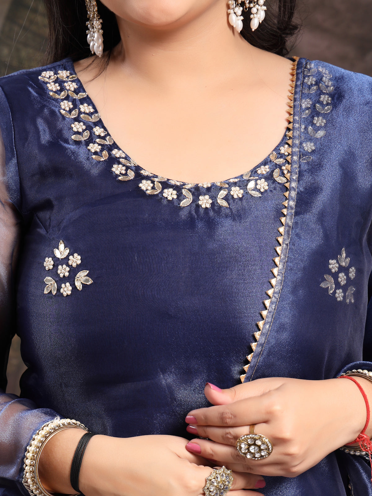 Berry Blue Bloom Unstitched Organza Tissue Suit Set with Gota Patti & Pearl Handwork