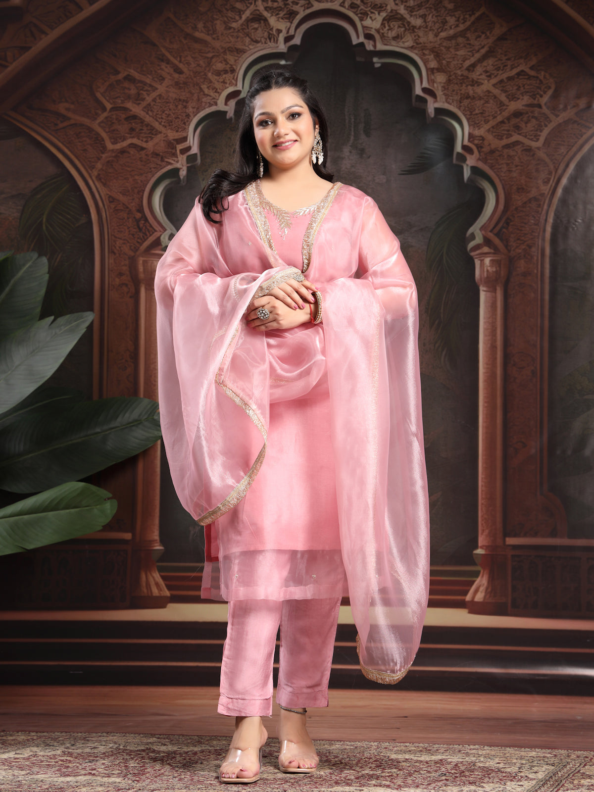 Onion Pink Unstitched Organza Tissue Suit with Heavy Zardosi & Gota Patti Work