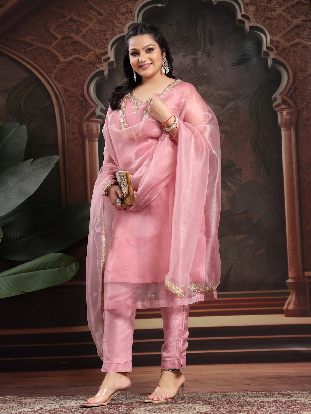 Onion Pink Unstitched Organza Tissue Suit with Heavy Zardosi & Gota Patti Work