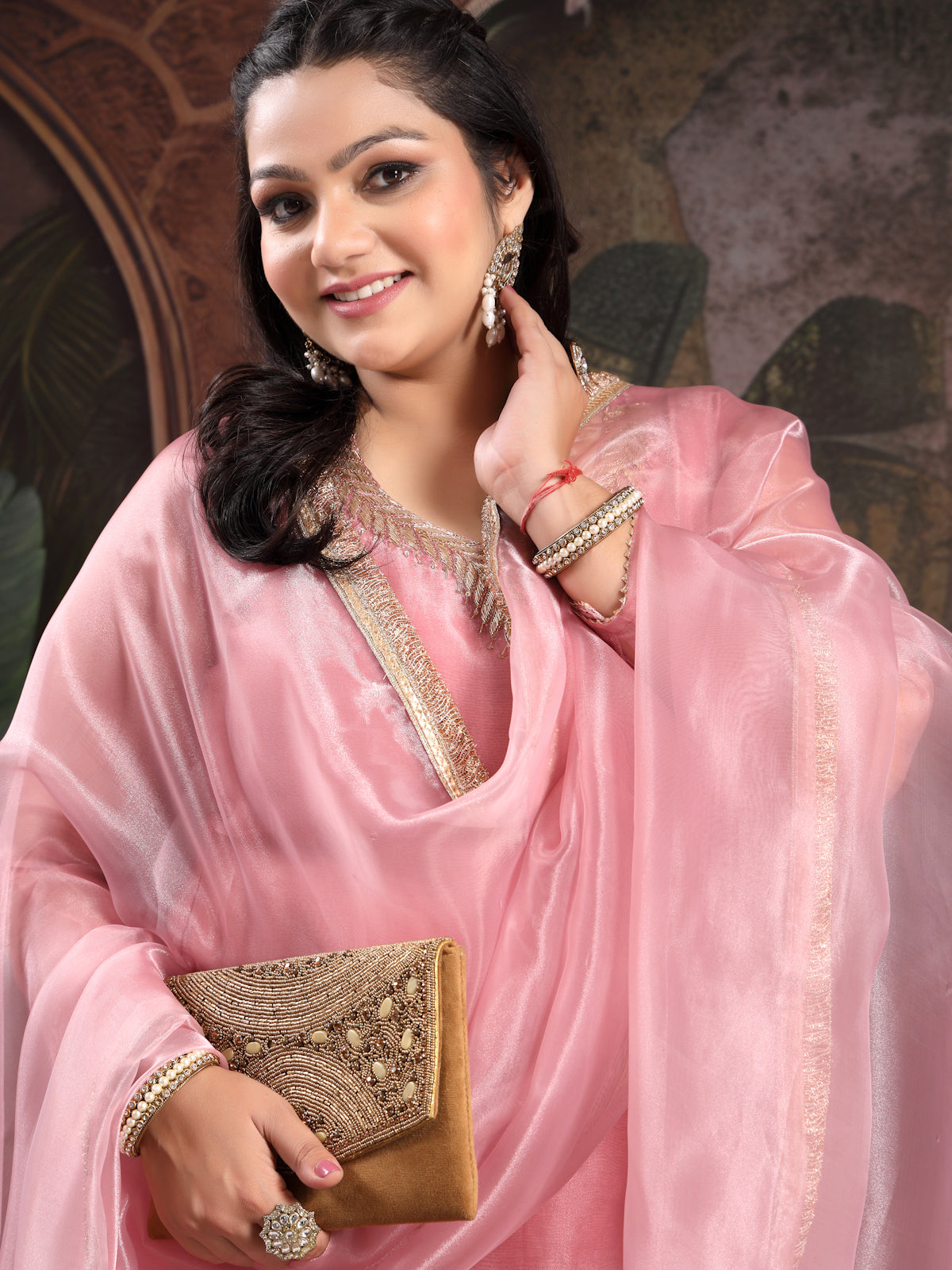 Onion Pink Unstitched Organza Tissue Suit with Heavy Zardosi & Gota Patti Work