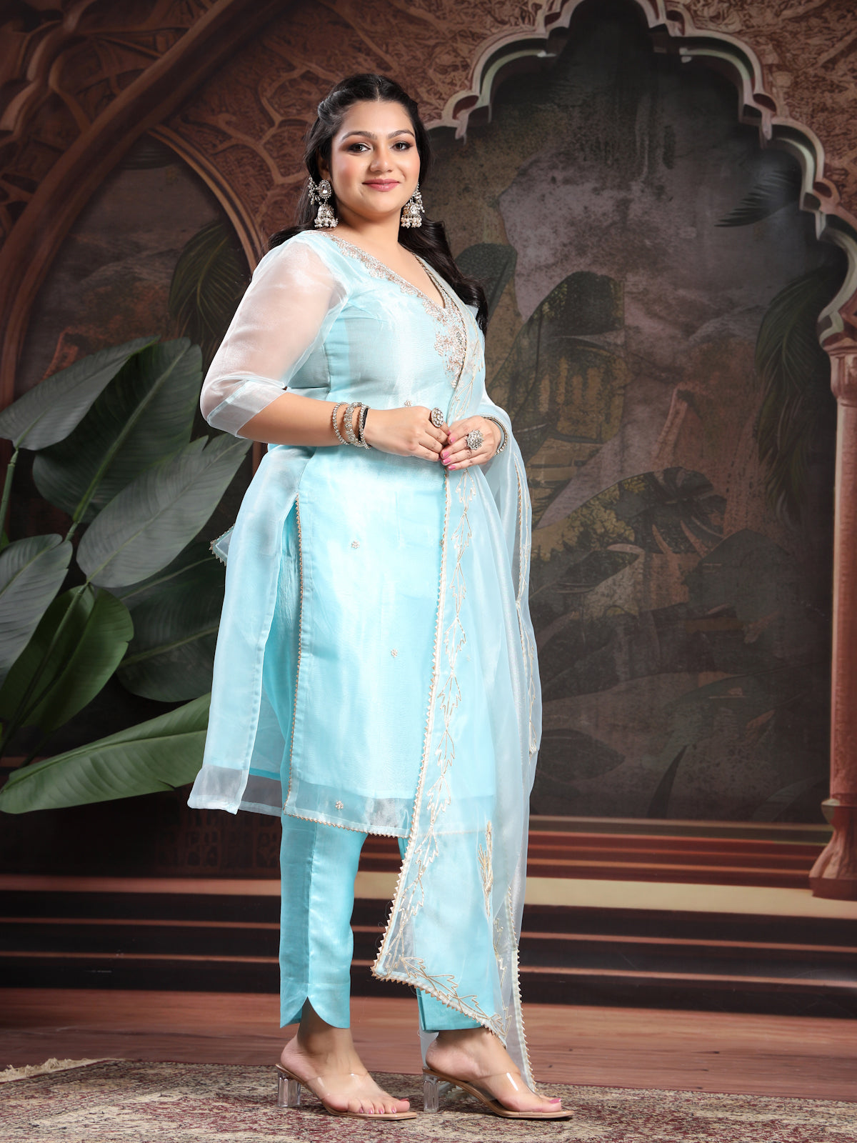 Sky Blue Unstitch Suit with V-Neck Zardozi and Pearl Work