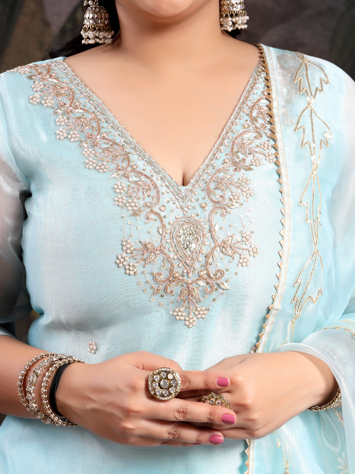 Sky Blue Unstitch Suit with V-Neck Zardozi and Pearl Work