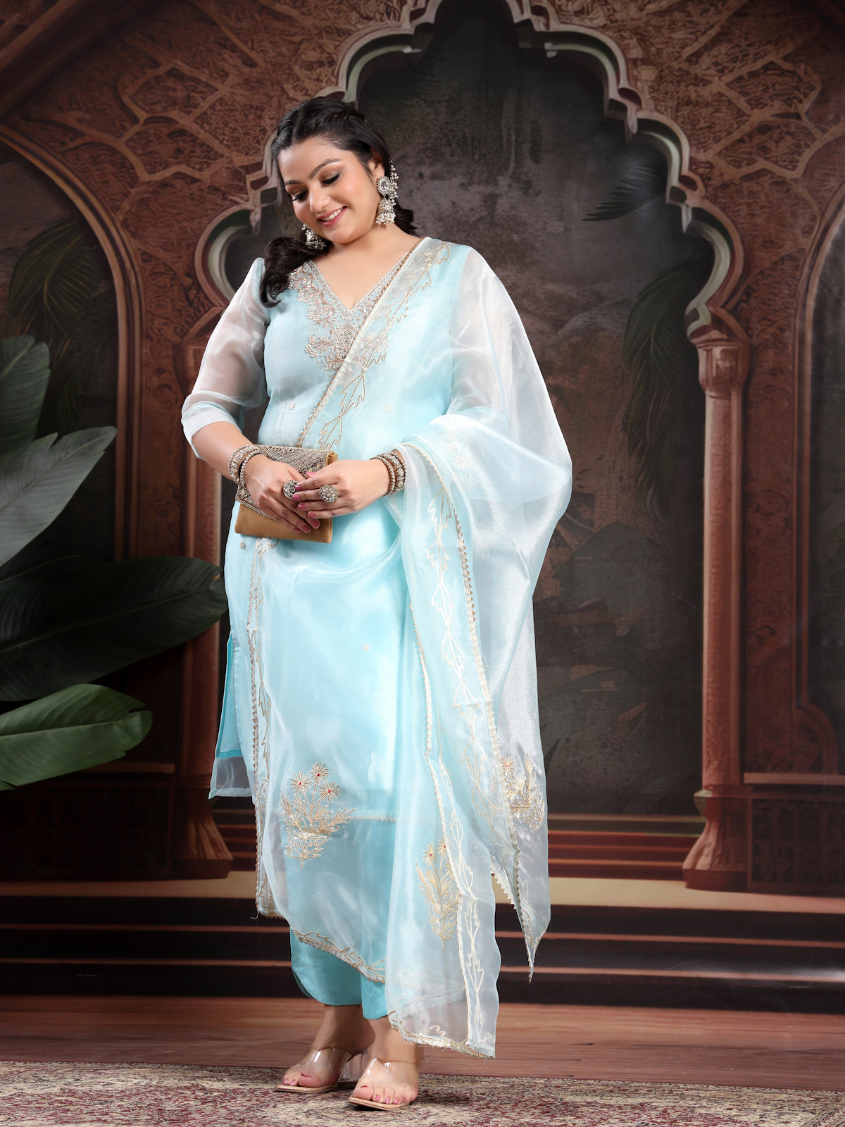 Sky Blue Unstitch Suit with V-Neck Zardozi and Pearl Work
