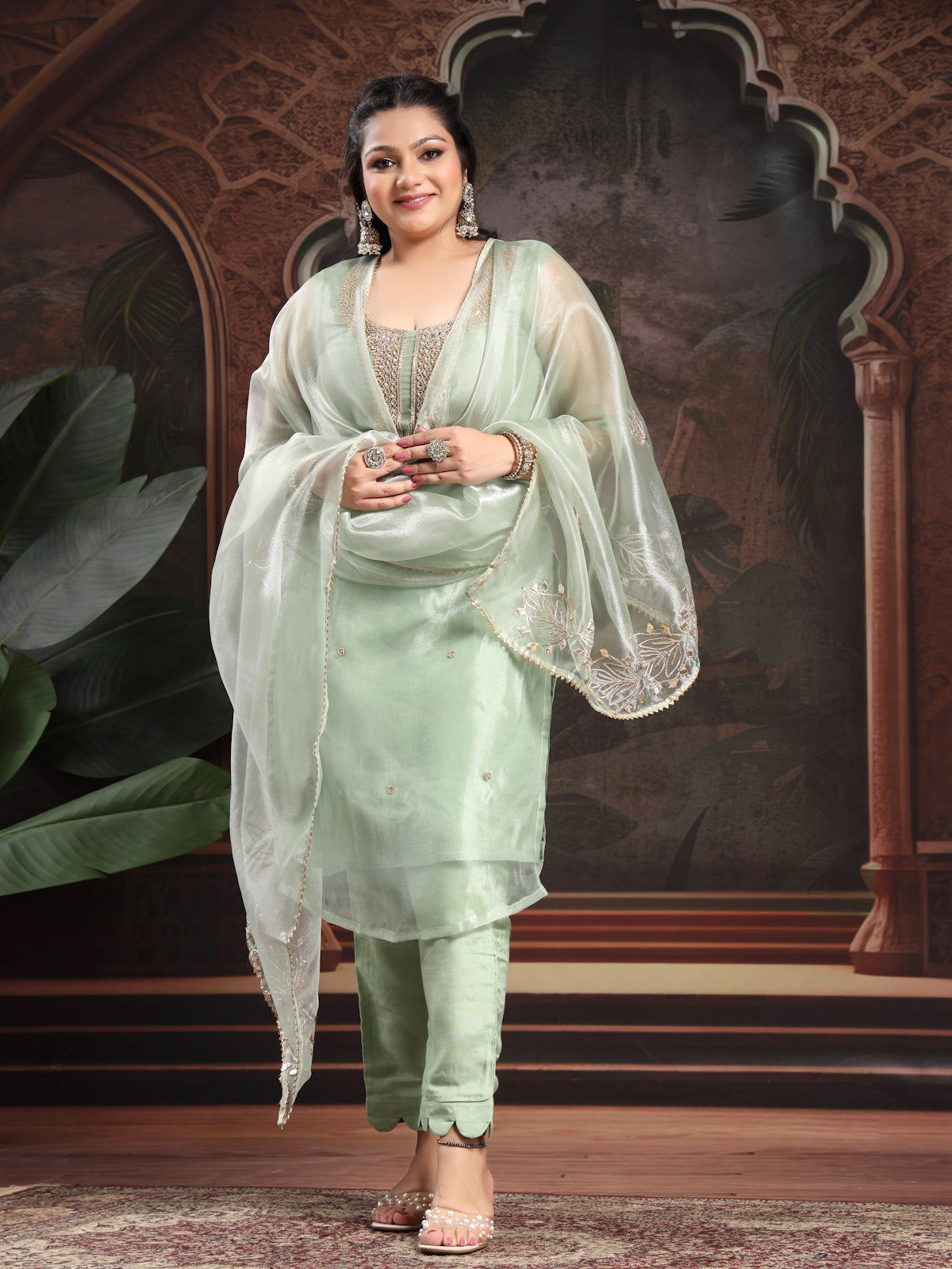 Pista Green Unstitch Suit with Exquisite Mirror Work