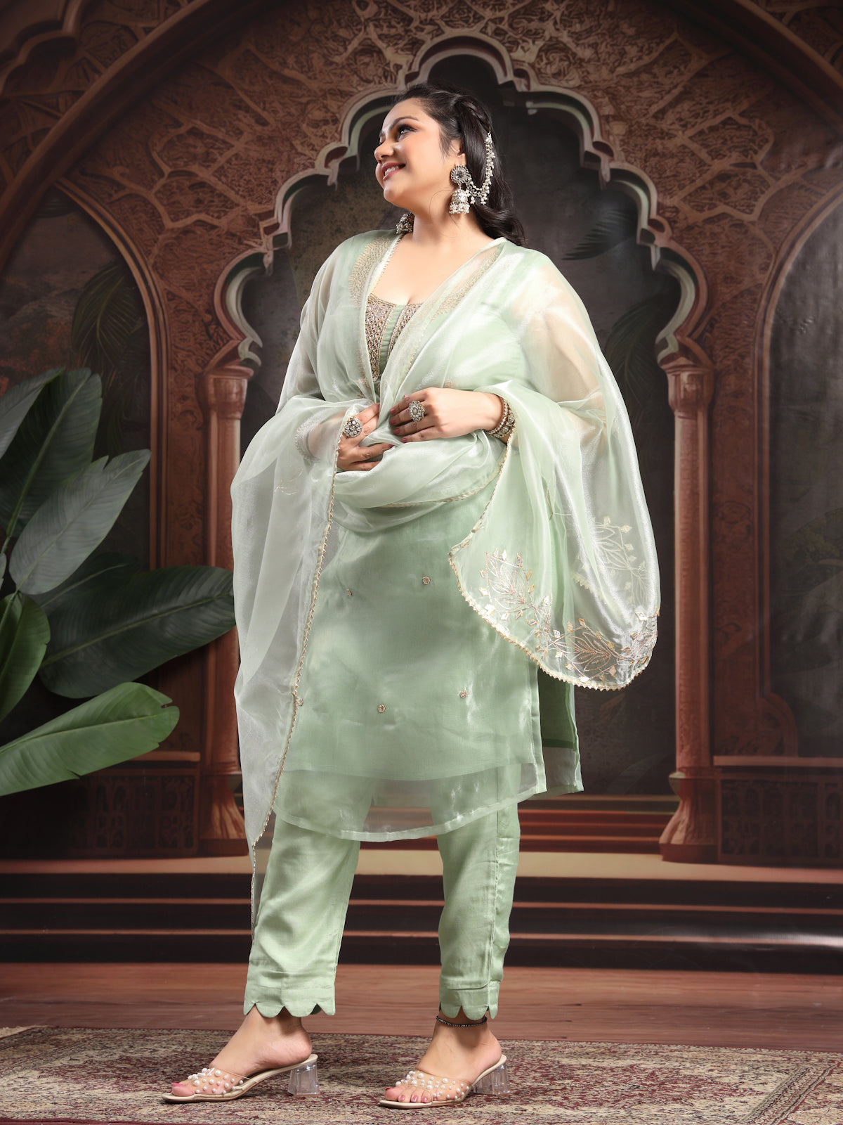 Pista Green Unstitch Suit with Exquisite Mirror Work