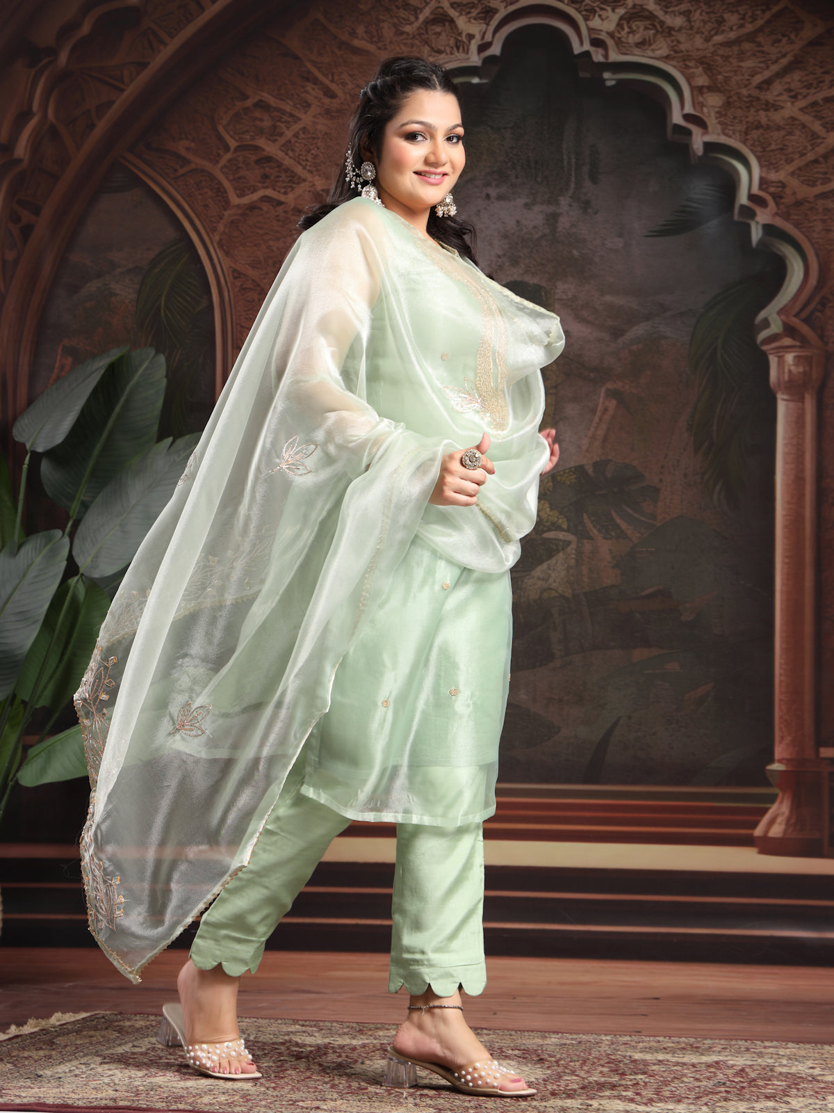 Pista Green Unstitch Suit with Exquisite Mirror Work