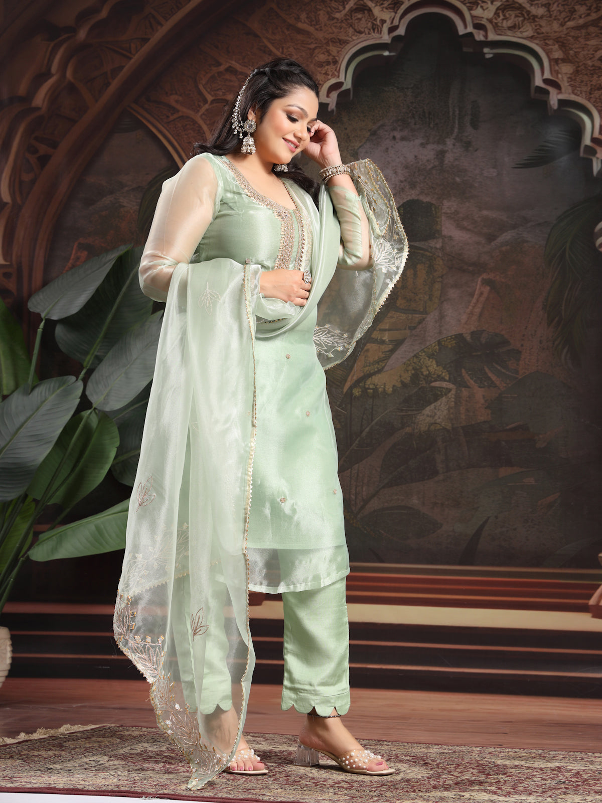 Pista Green Unstitch Suit with Exquisite Mirror Work