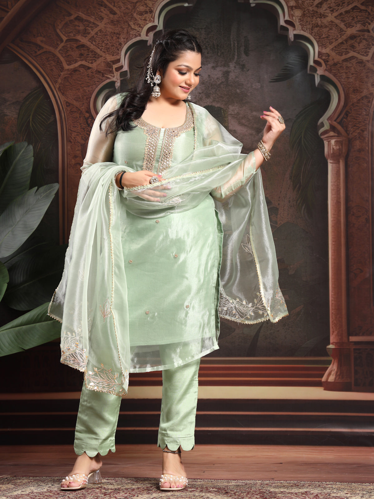 Pista Green Unstitch Suit with Exquisite Mirror Work
