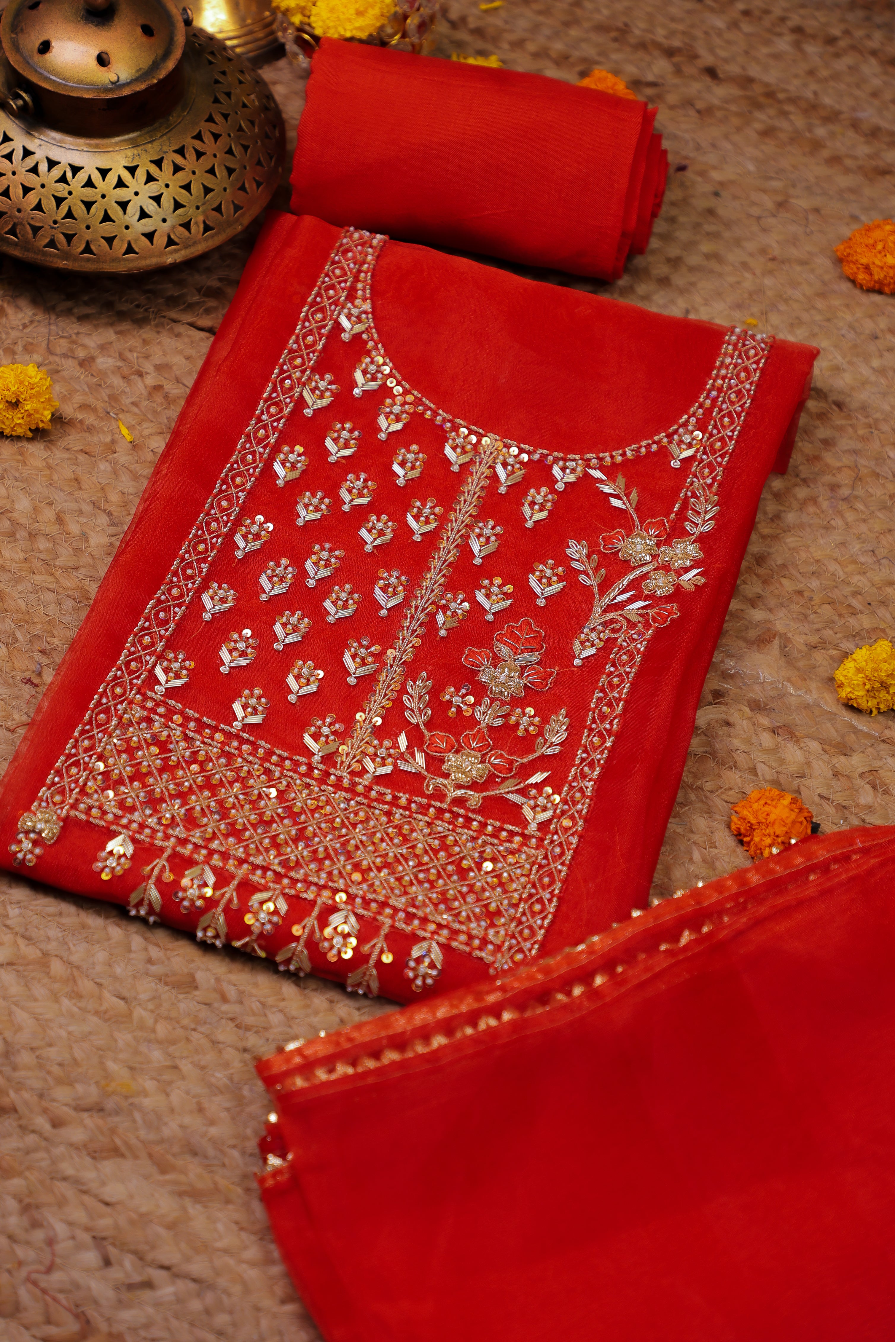 Carmine Red Unstitch Suit with Handcrafted Heavy Zardozi, Thread, and Jaal Work