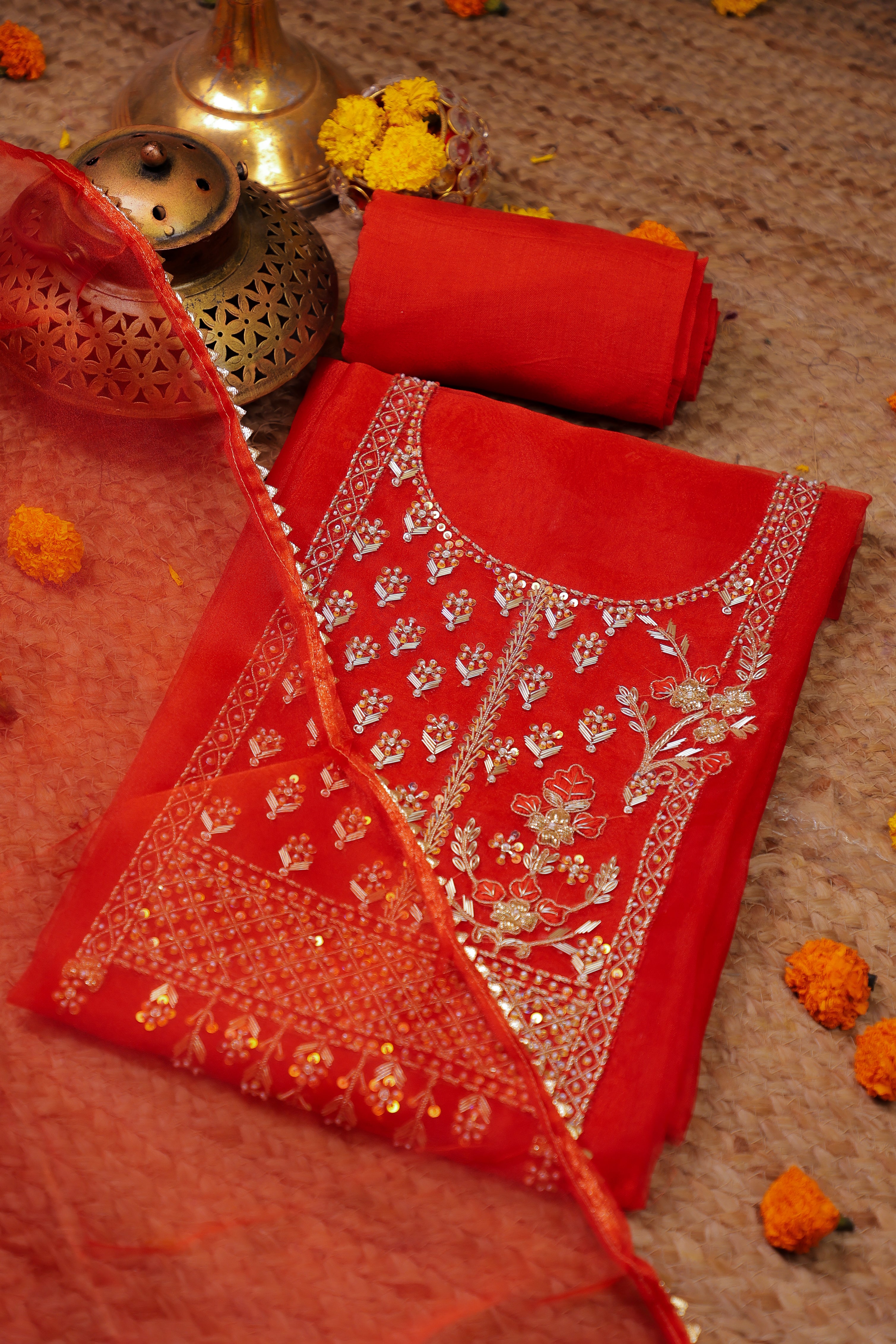 Carmine Red Unstitch Suit with Handcrafted Heavy Zardozi, Thread, and Jaal Work