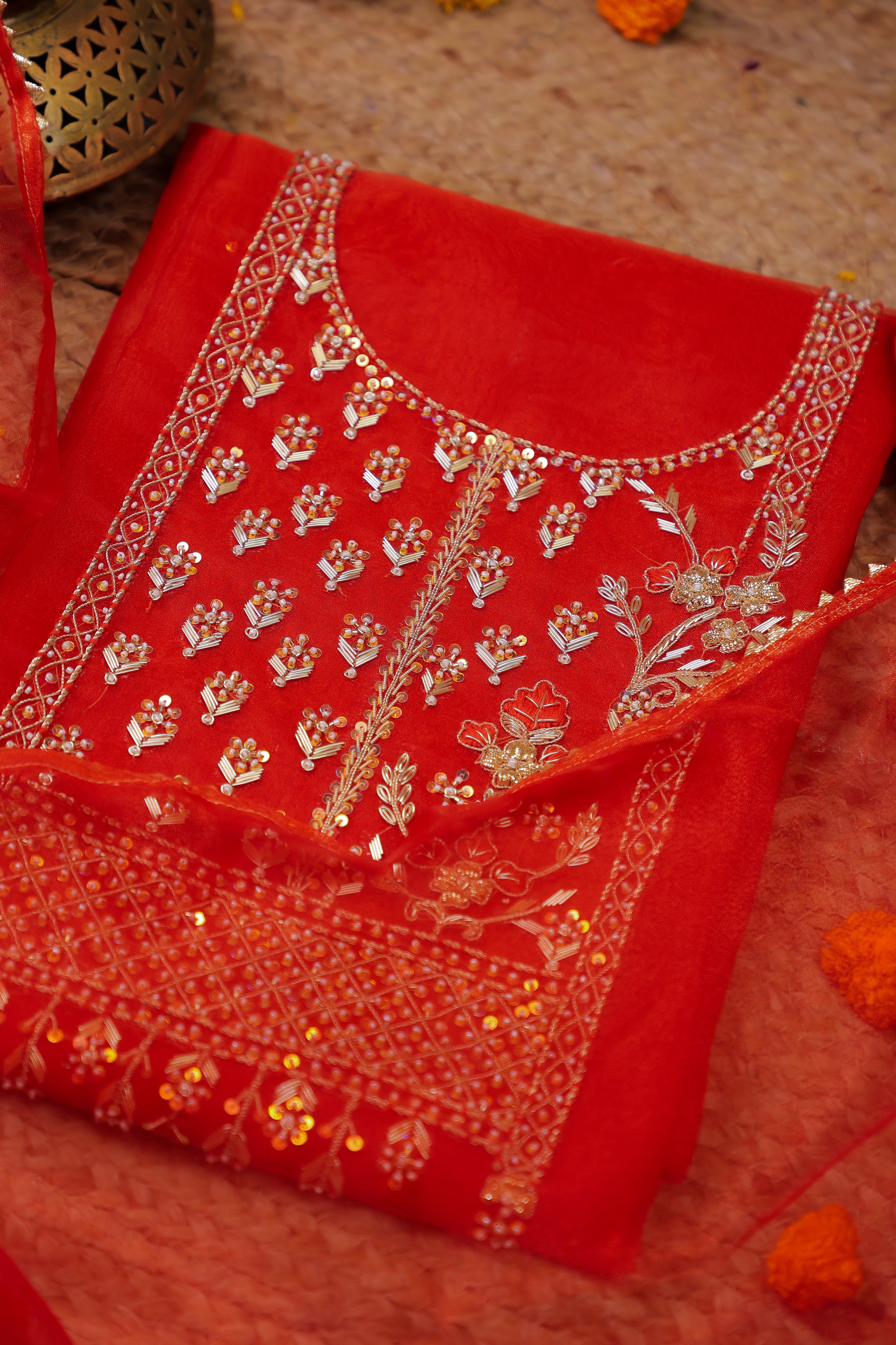 Carmine Red Unstitch Suit with Handcrafted Heavy Zardozi, Thread, and Jaal Work