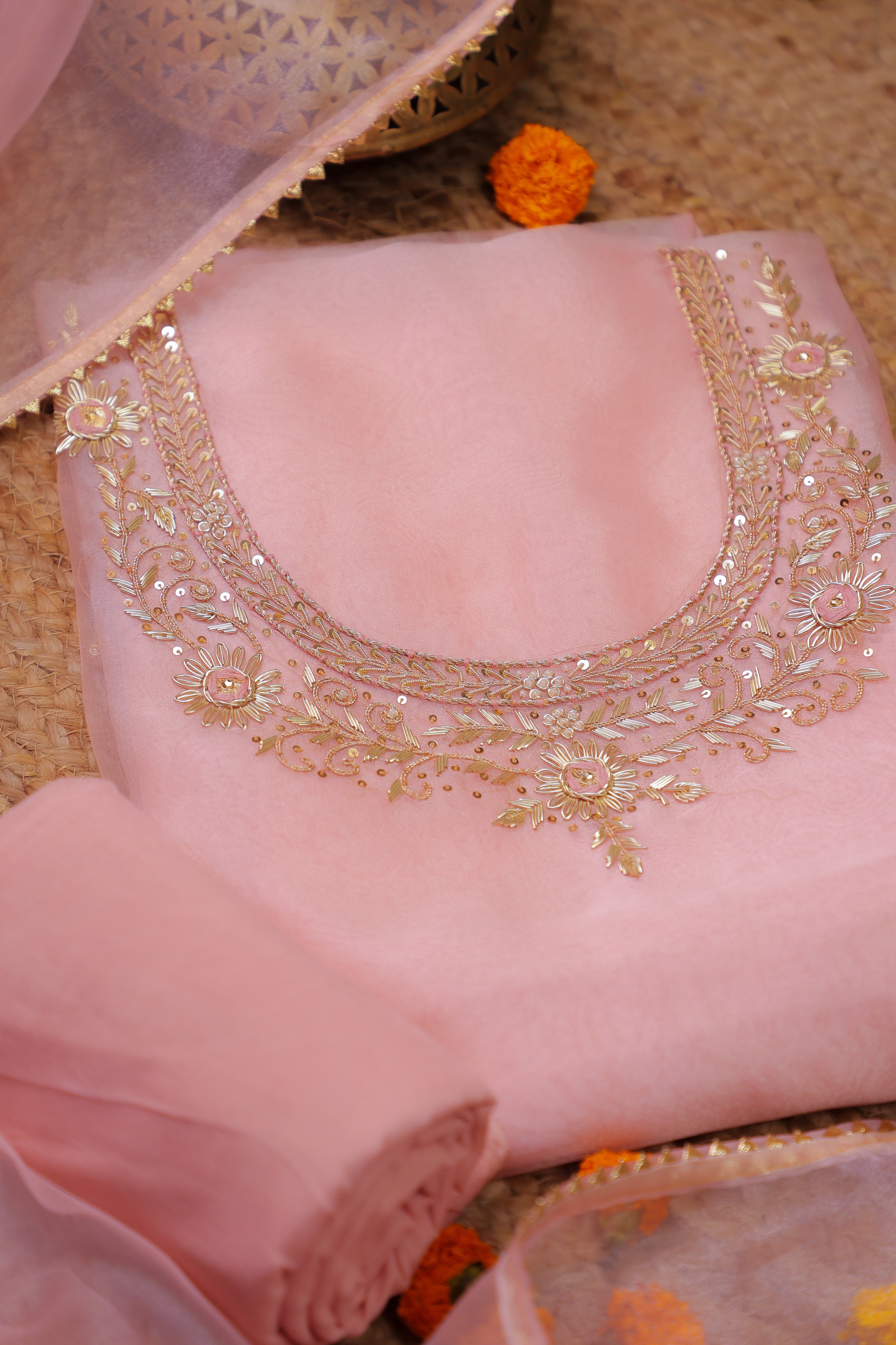 Onion Pink Unstitch Suit with Handcrafted Zardosi and Thread Work