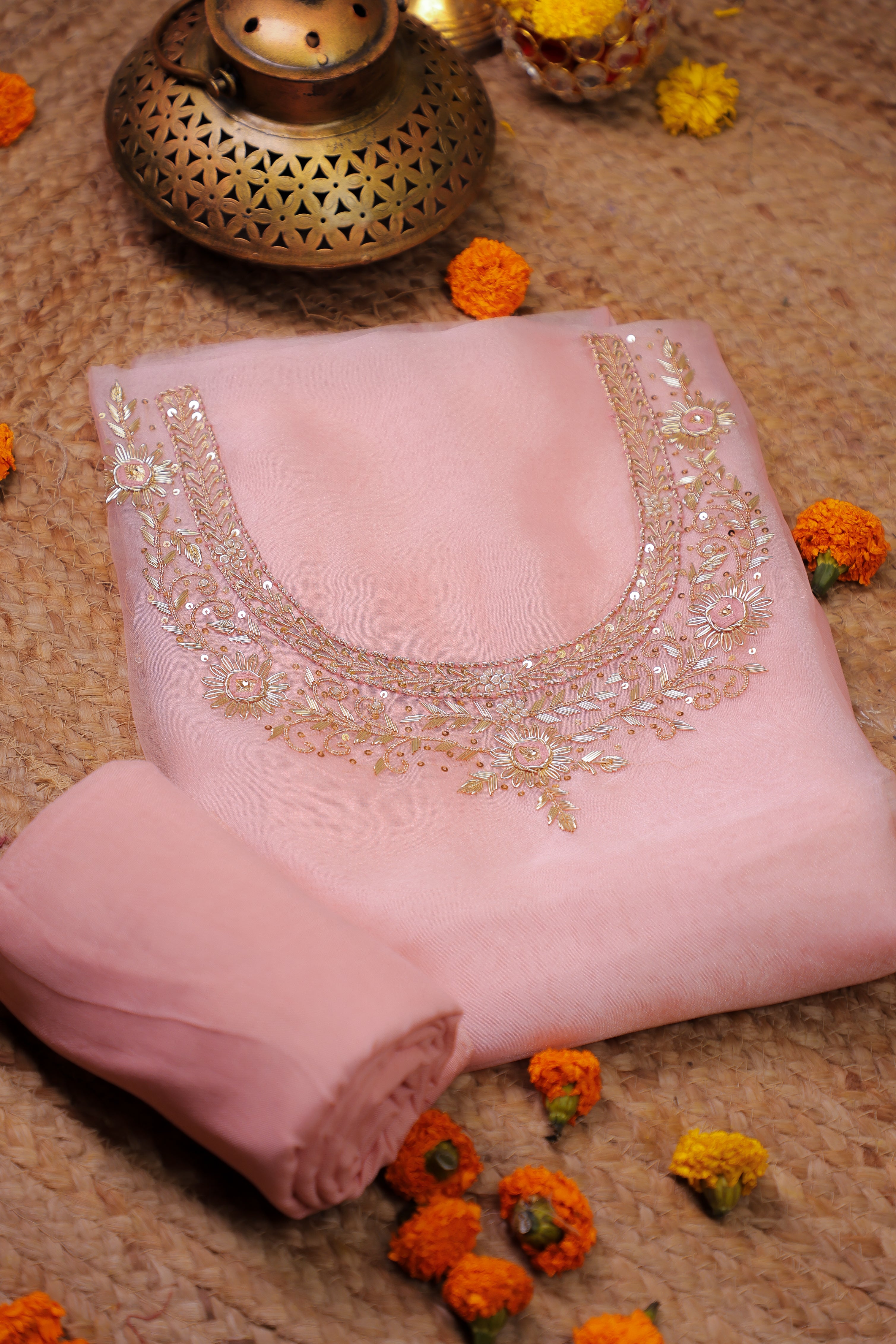 Onion Pink Unstitch Suit with Handcrafted Zardosi and Thread Work
