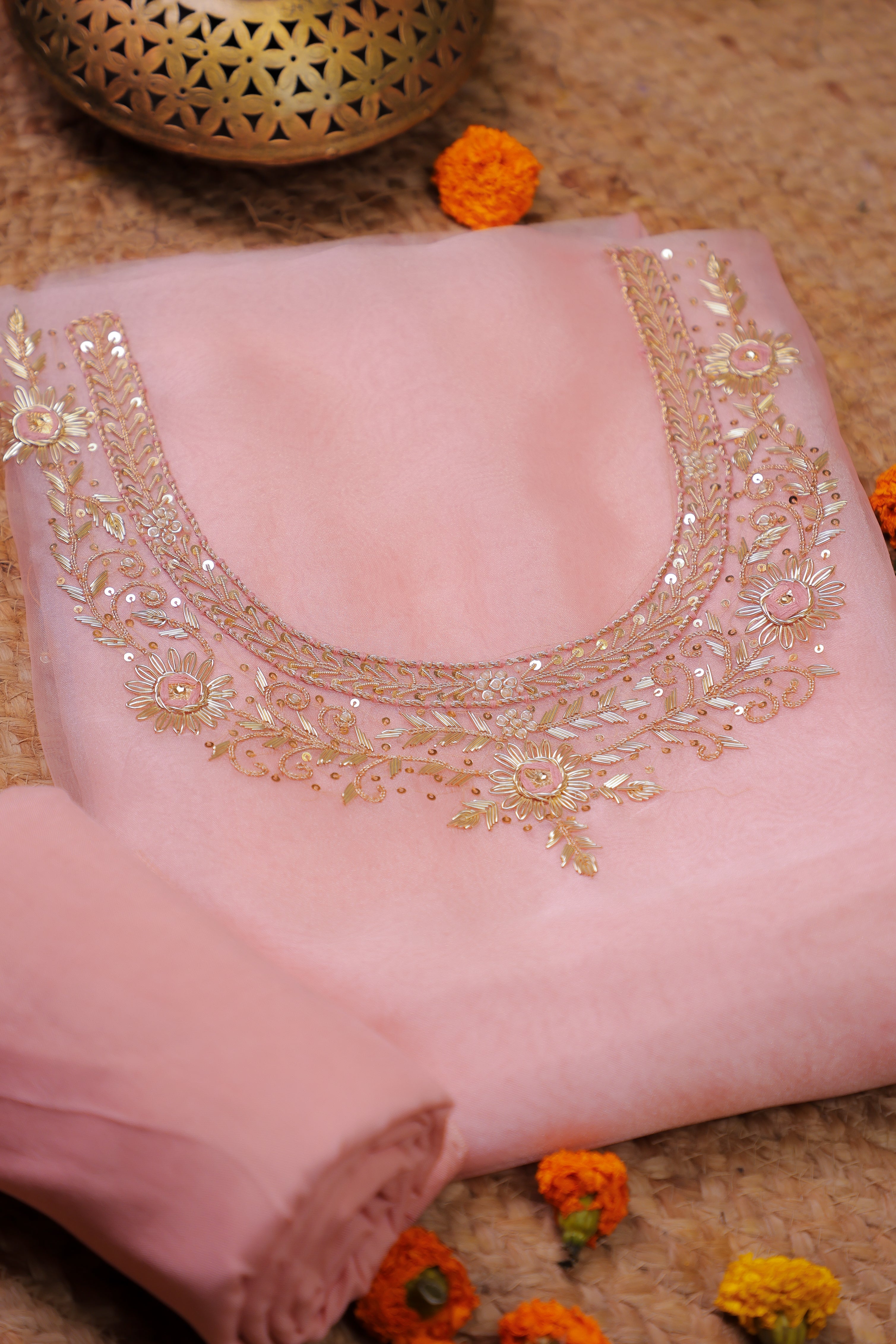 Onion Pink Unstitch Suit with Handcrafted Zardosi and Thread Work