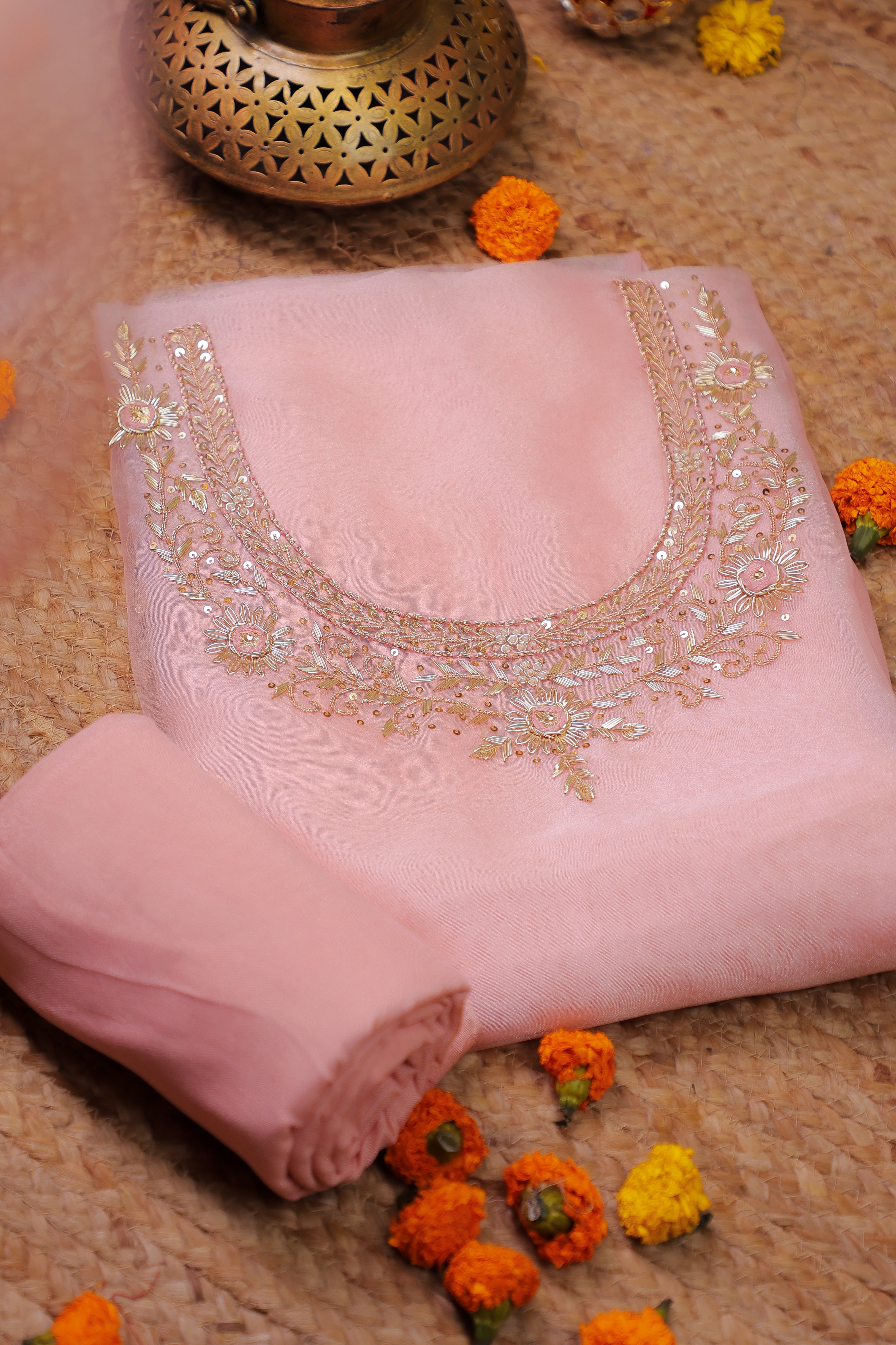 Onion Pink Unstitch Suit with Handcrafted Zardosi and Thread Work