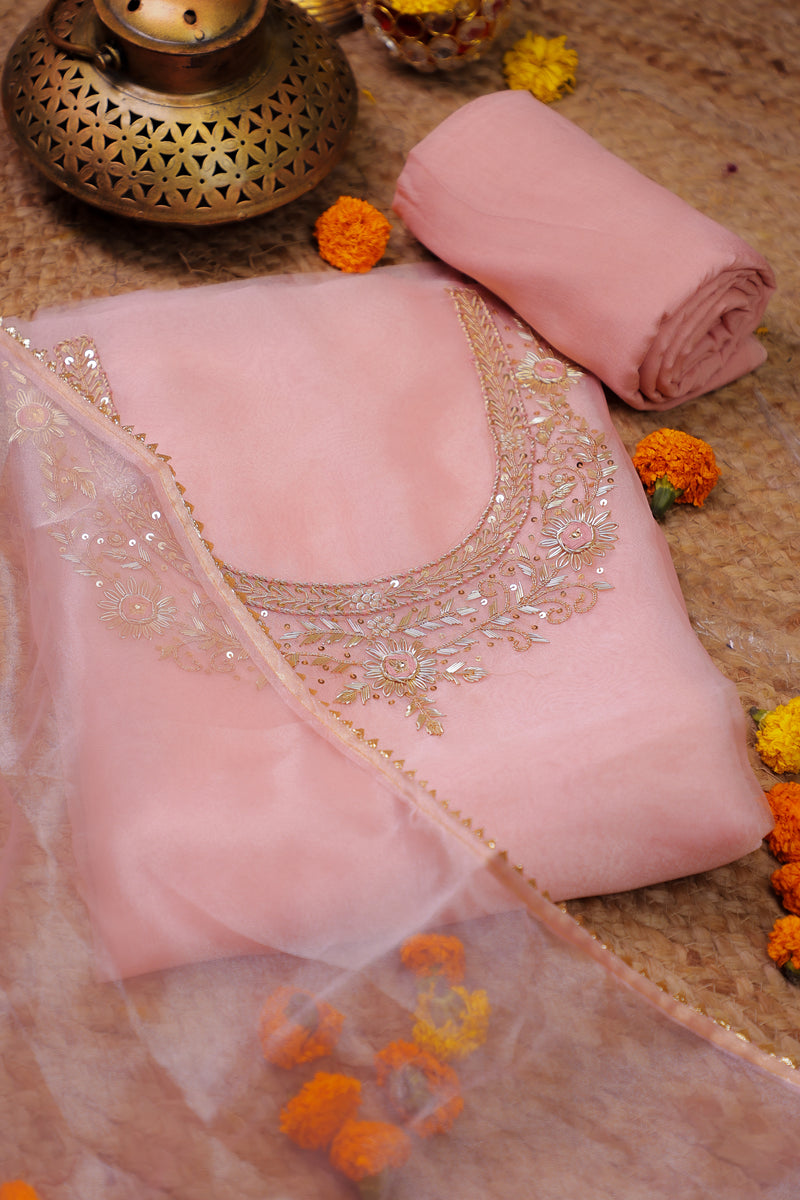 Onion Pink Unstitch Suit with Handcrafted Zardosi and Thread Work