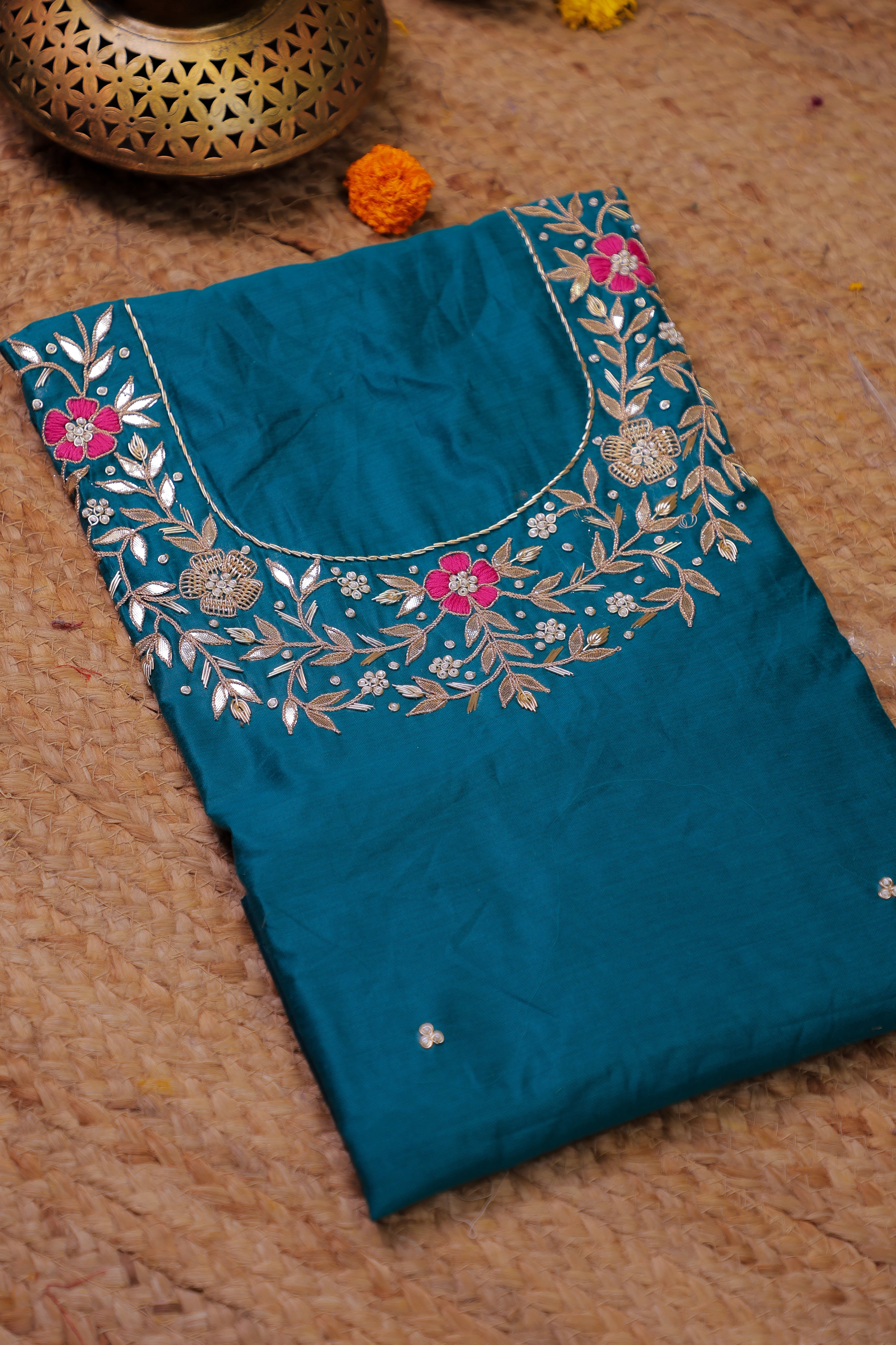 Teal Green Unstitch Suit with Handcrafted Rani Thread and Gota Patti Work
