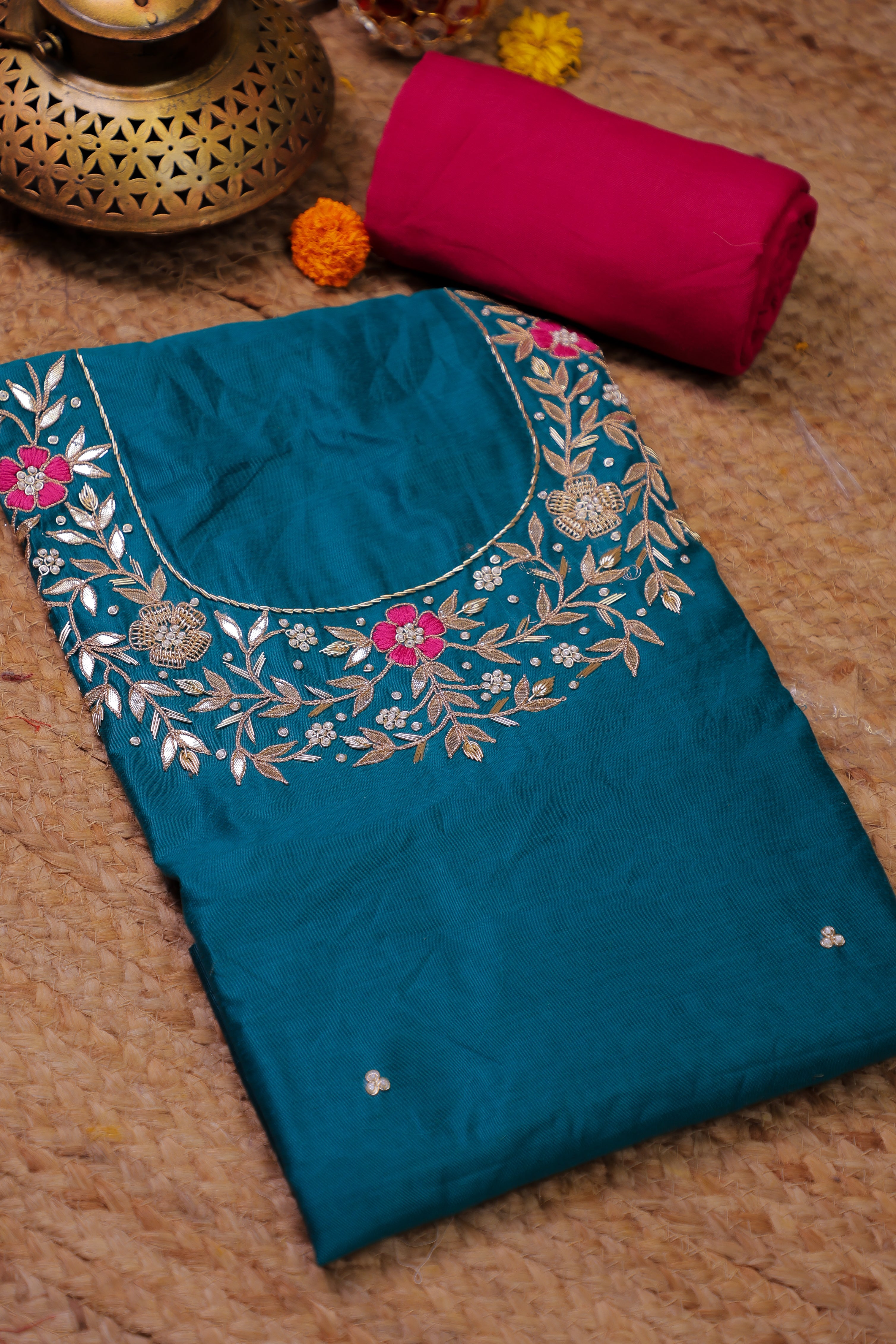 Teal Green Unstitch Suit with Handcrafted Rani Thread and Gota Patti Work