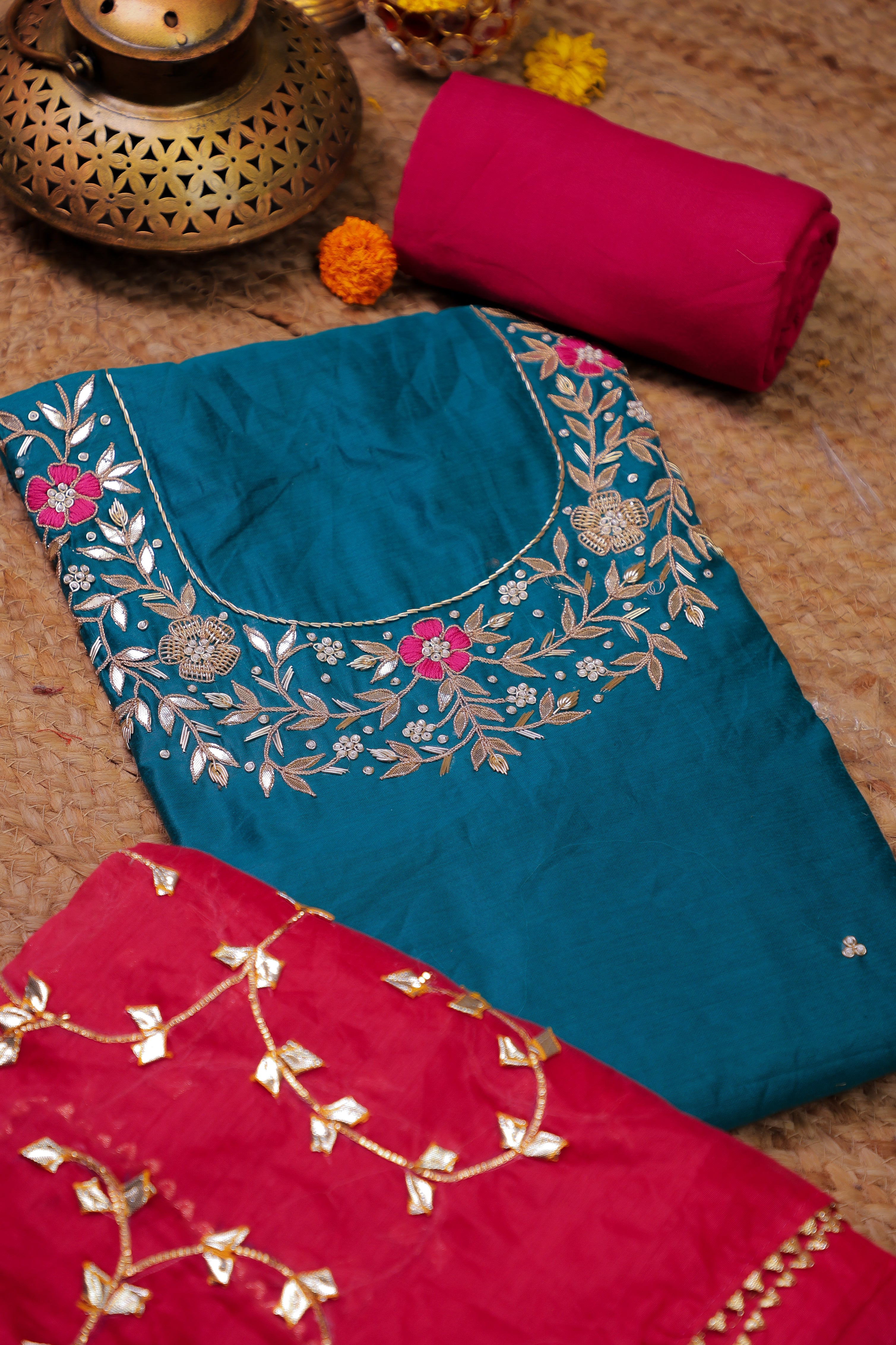 Teal Green Unstitch Suit with Handcrafted Rani Thread and Gota Patti Work