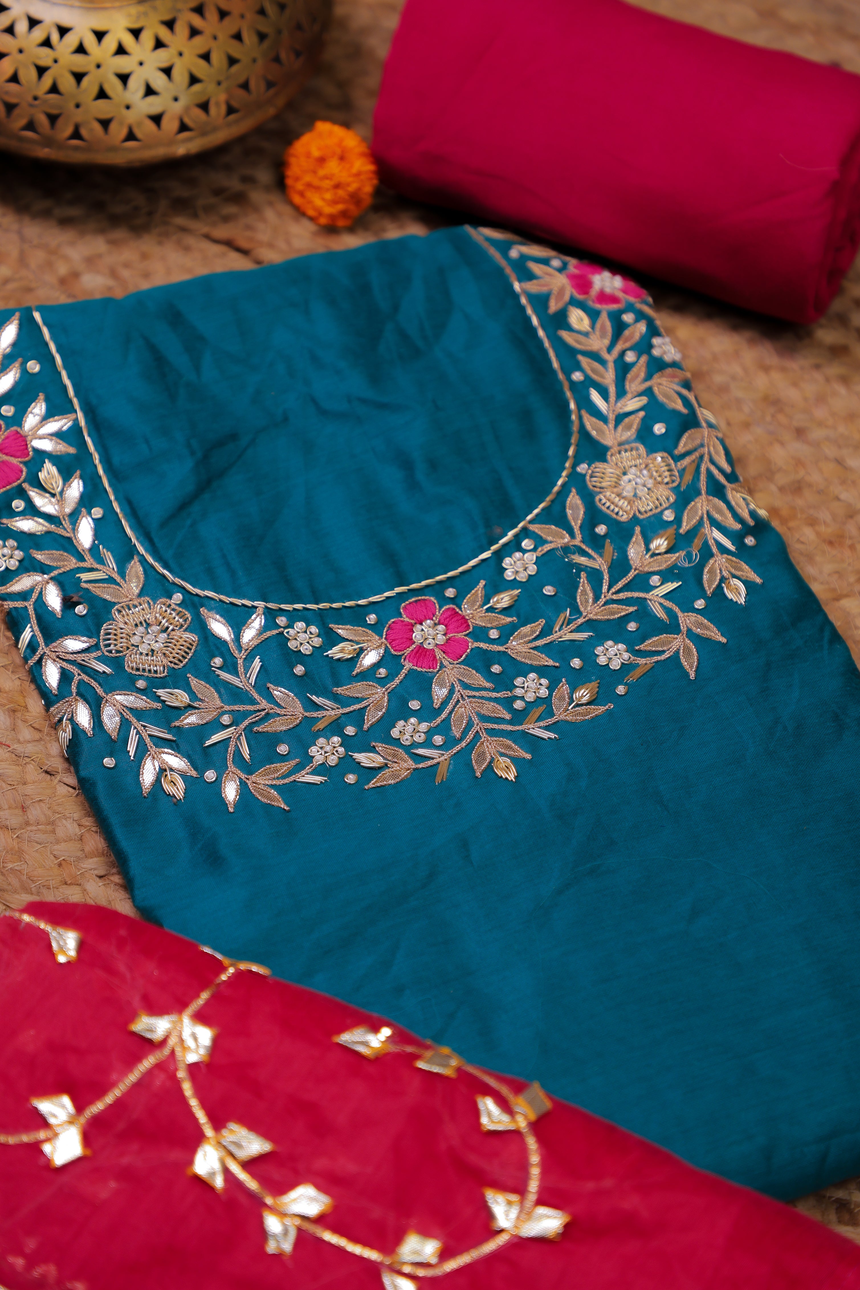 Teal Green Unstitch Suit with Handcrafted Rani Thread and Gota Patti Work