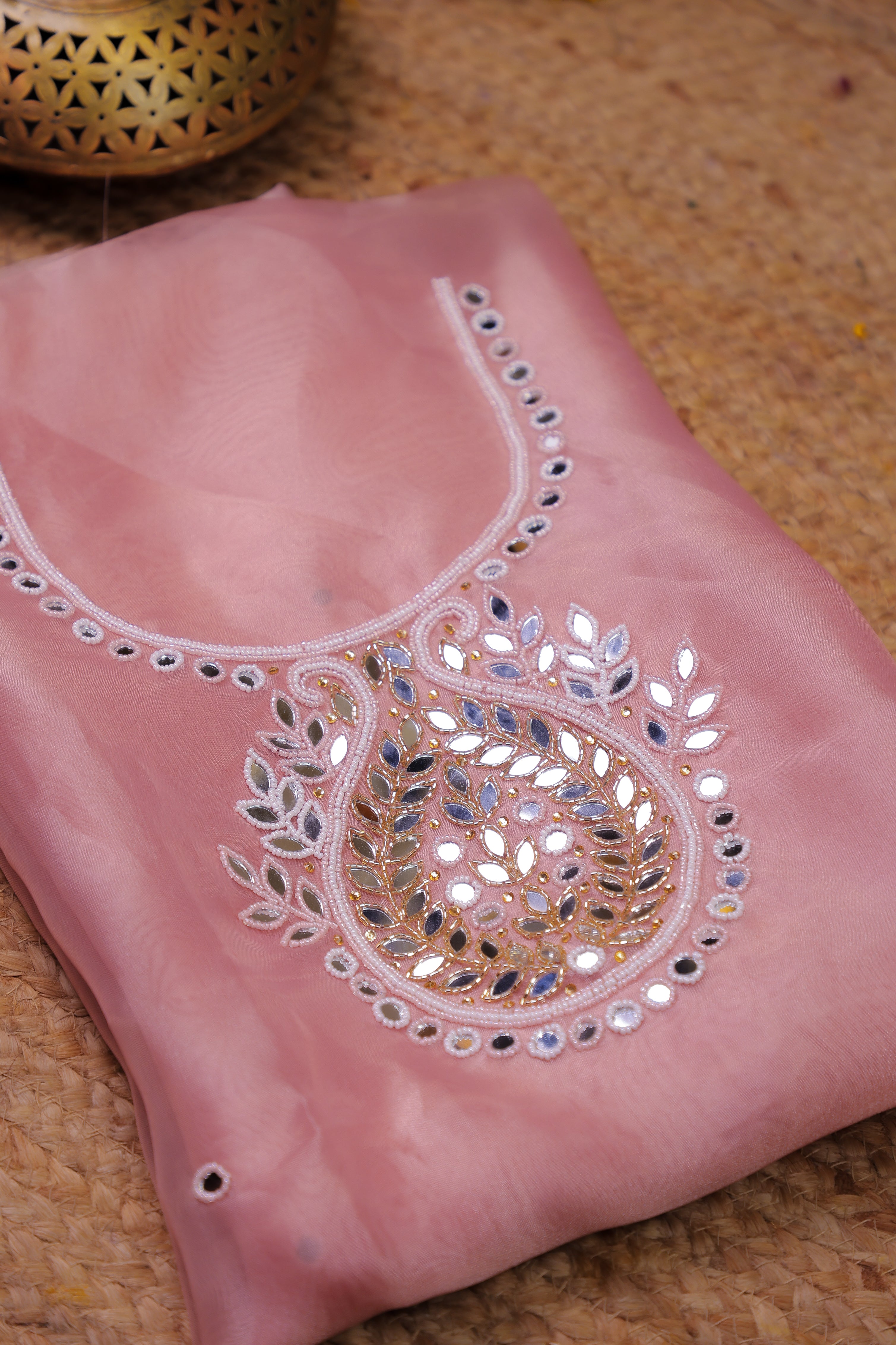 Onion Pink Unstitch Suit with Handcrafted Pearl and Mirror Work